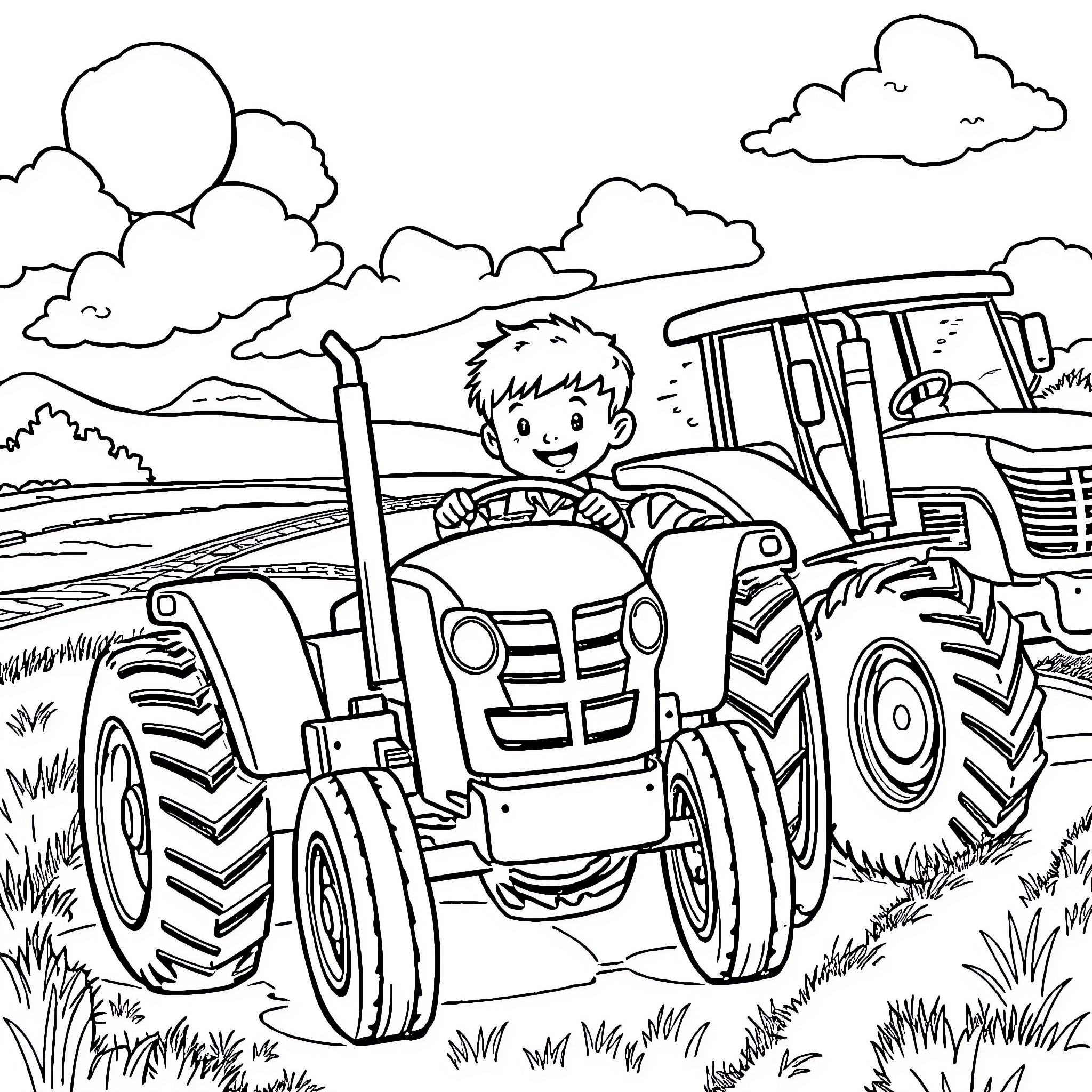 Boy operating a tractor on the farm Coloring Page (free black-and-white line drawing printable PDF for all, from beginners to advanced learners, including children, teens, adults, and seniors)