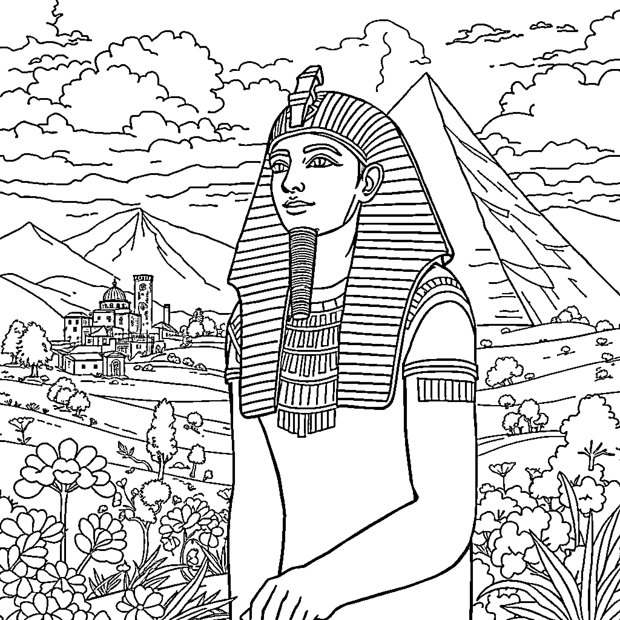 Pharaoh overlooking the ancient Egyptian landscape Coloring Page (free black-and-white line drawing printable PDF for all, from beginners to advanced learners, including children, teens, adults, and seniors)