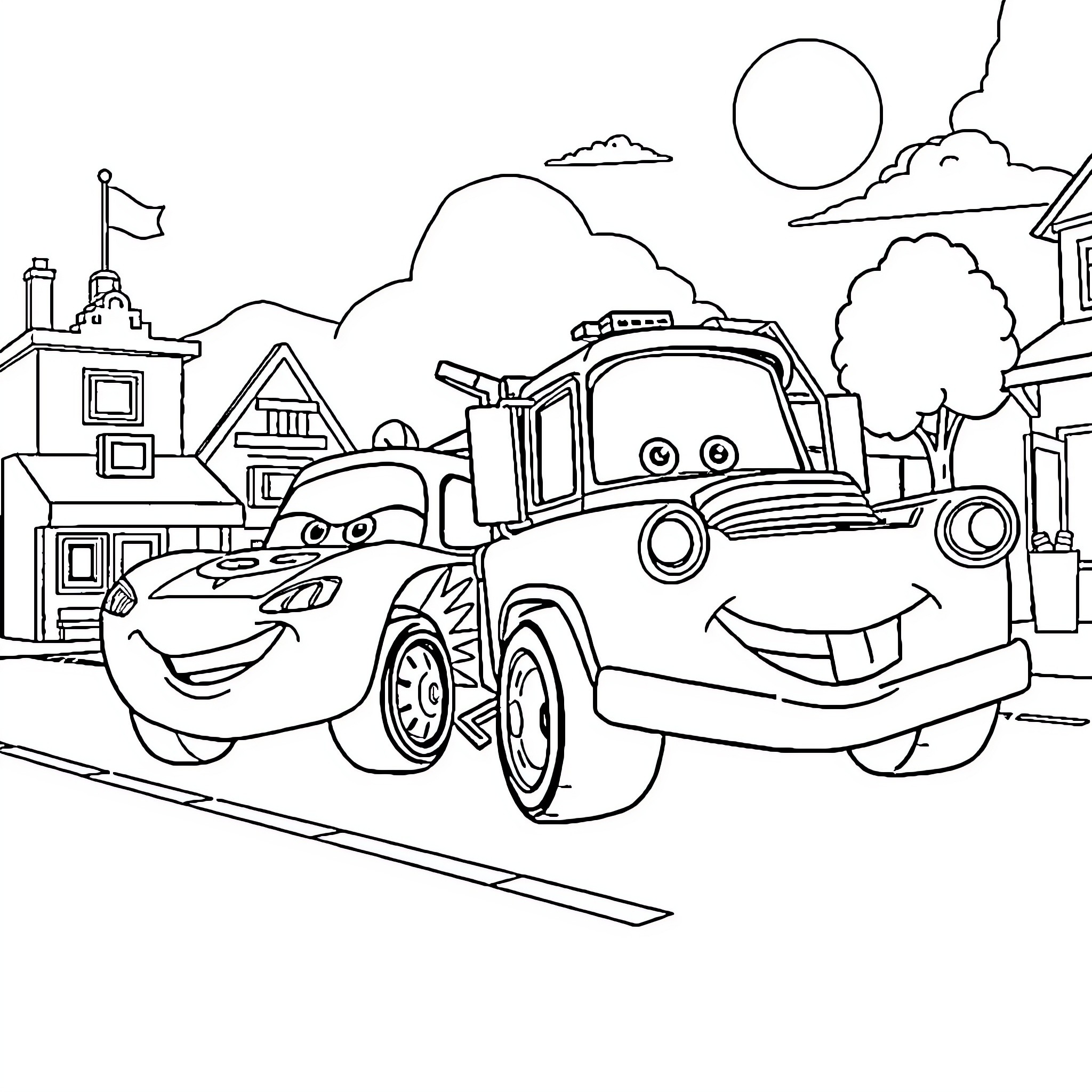 Flash McQueen's Cheerful Adventure in a Cartoon Town Coloring Page (free black-and-white line drawing printable PDF for all, from beginners to advanced learners, including children, teens, adults, and seniors)