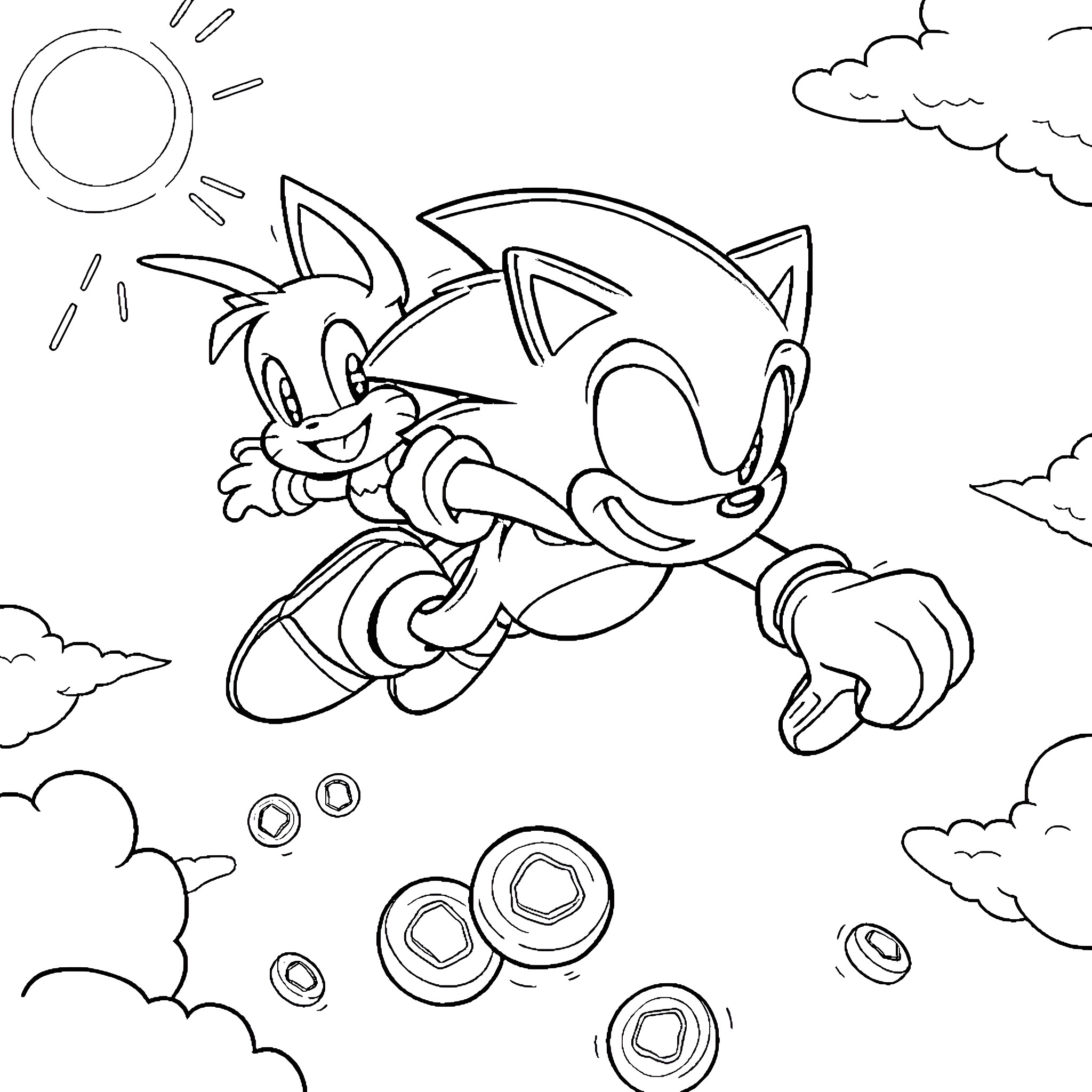 Sonic running joyfully through clouds Coloring Page (free black-and-white line drawing printable PDF for all, from beginners to advanced learners, including children, teens, adults, and seniors)