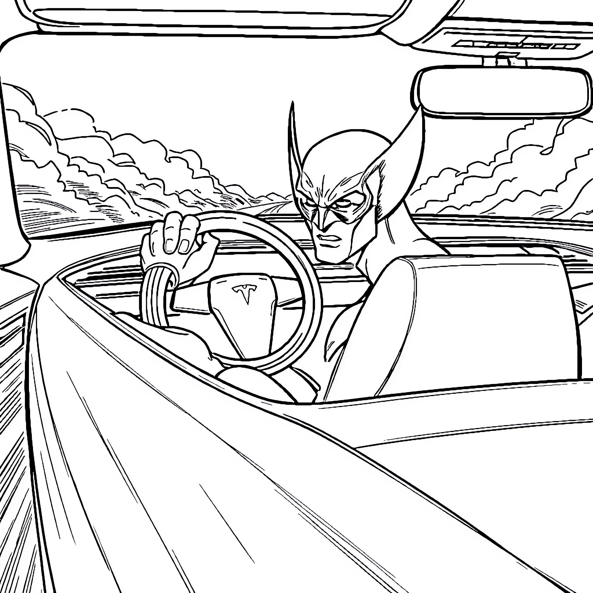 Wolverine Speeding Down the Road in a Sports Car Coloring Page (free black-and-white line drawing printable PDF for all, from beginners to advanced learners, including children, teens, adults, and seniors)