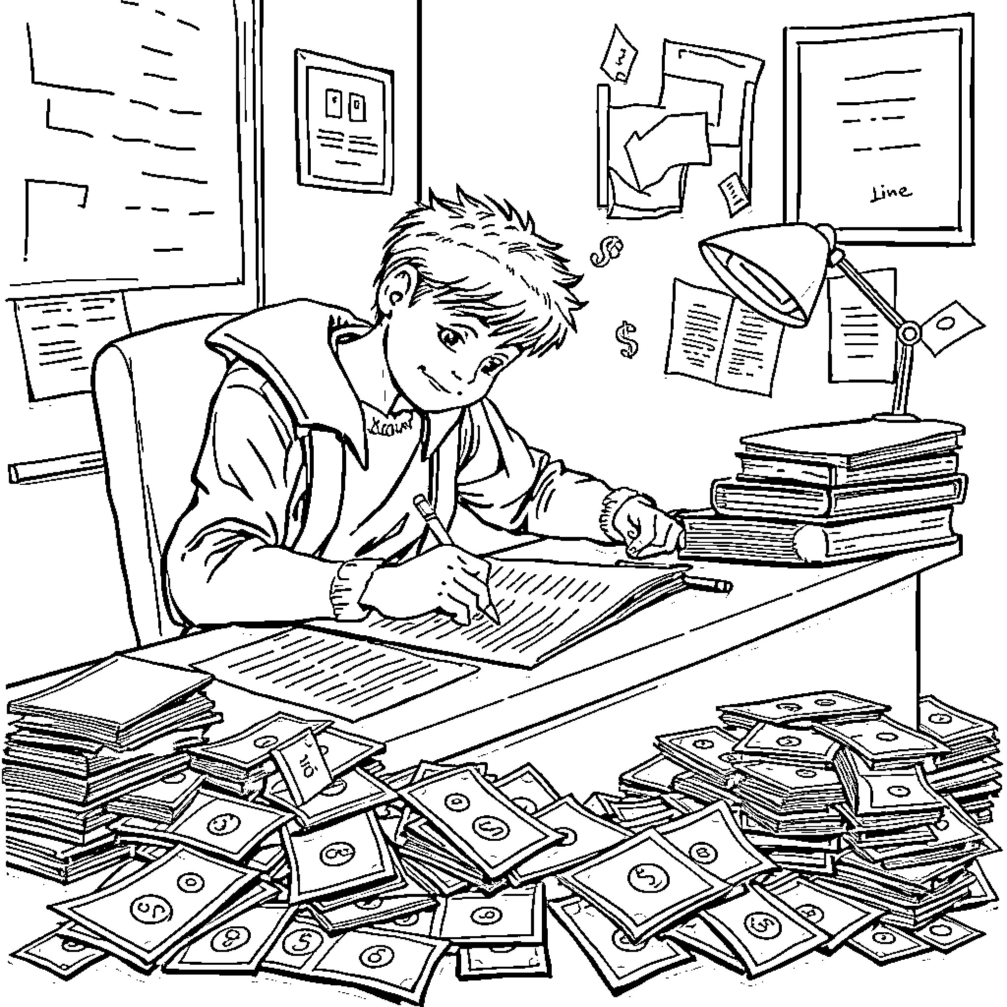 Student studying amidst piles of books and papers Coloring Page (free black-and-white line drawing printable PDF for all, from beginners to advanced learners, including children, teens, adults, and seniors)