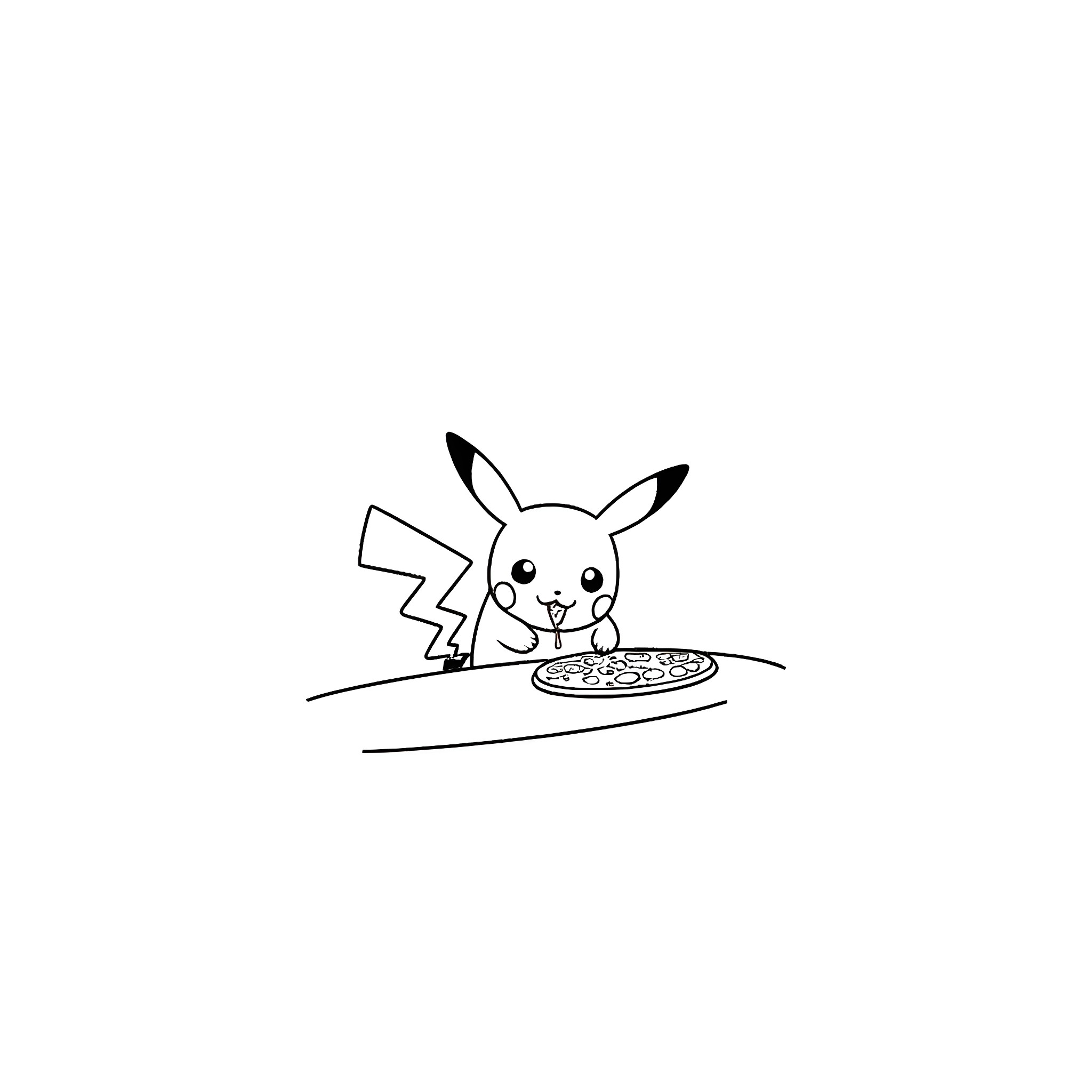 Pikachu enjoying a delicious pizza Coloring Page (free black-and-white line drawing printable PDF for all, from beginners to advanced learners, including children, teens, adults, and seniors)