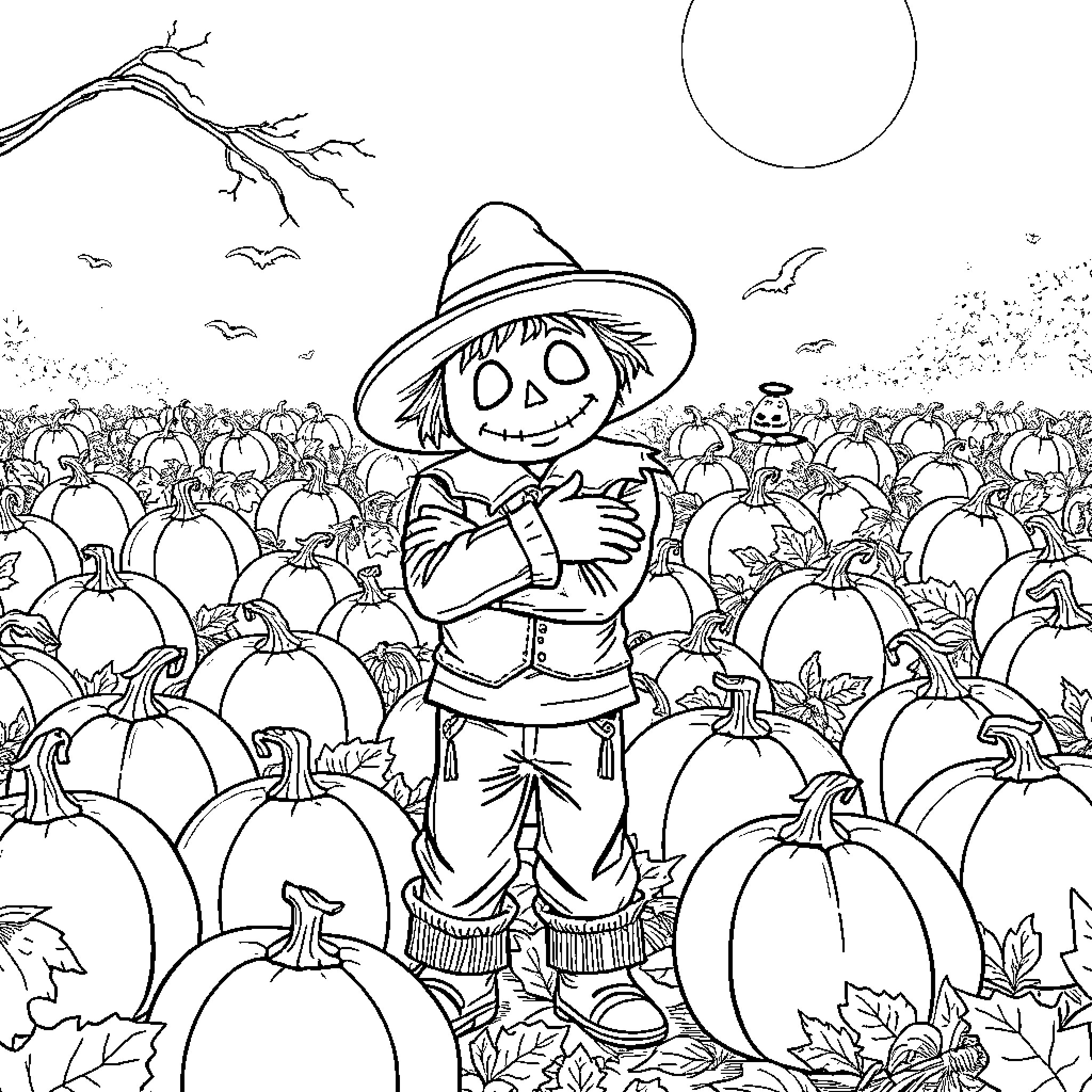 Michael Myers surrounded by pumpkins on Halloween night Coloring Page (free black-and-white line drawing printable PDF for all, from beginners to advanced learners, including children, teens, adults, and seniors)