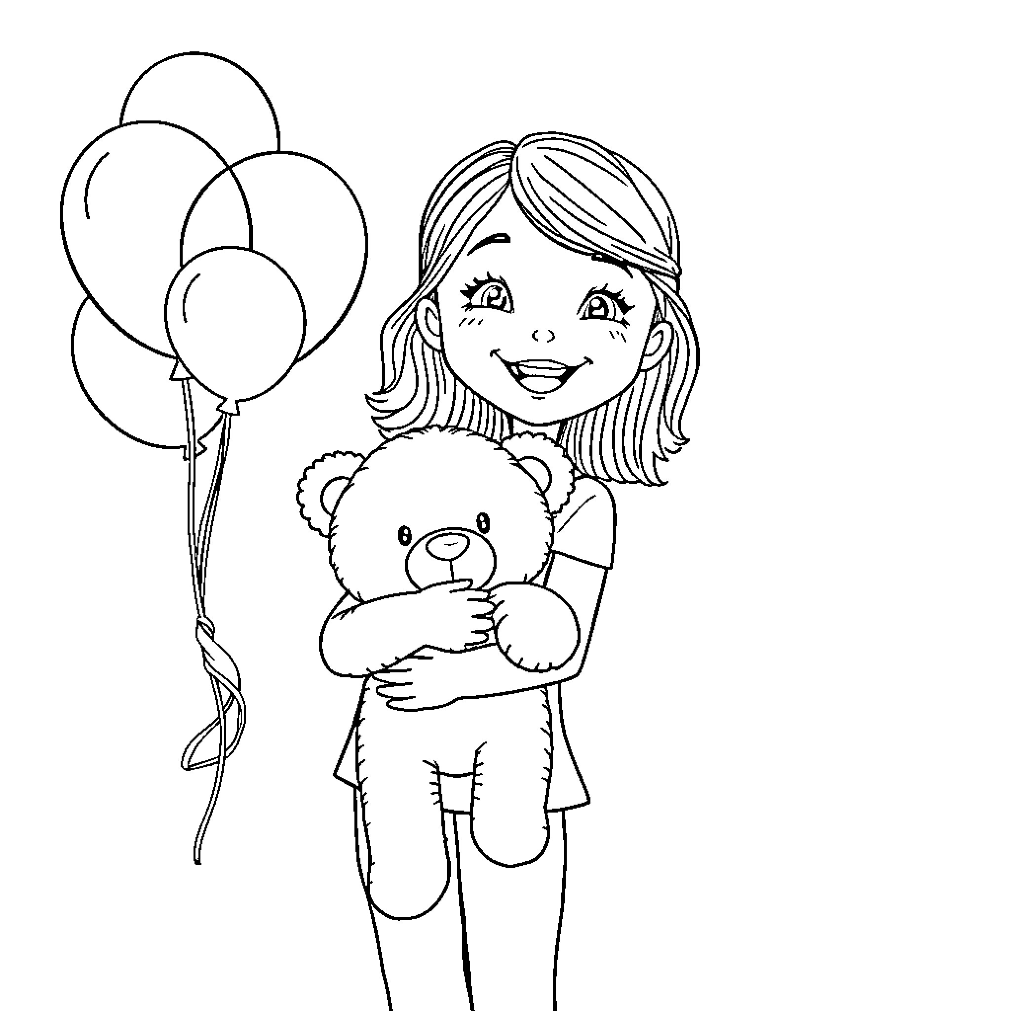 Girl happily hugging stuffed bear with balloons Coloring Page (free black-and-white line drawing printable PDF for all, from beginners to advanced learners, including children, teens, adults, and seniors)