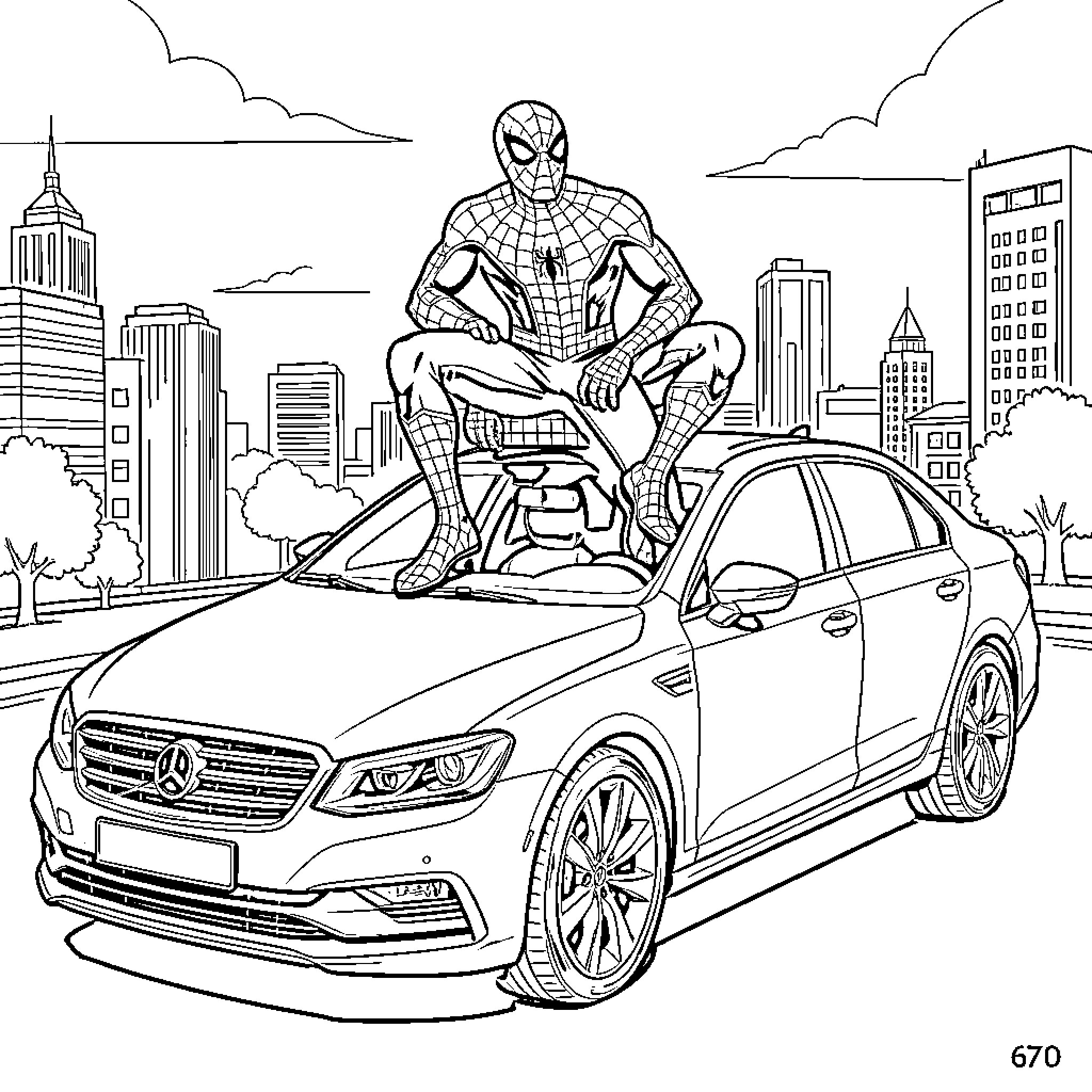 Spiderman protecting the city from the rooftops Coloring Page (free black-and-white line drawing printable PDF for all, from beginners to advanced learners, including children, teens, adults, and seniors)