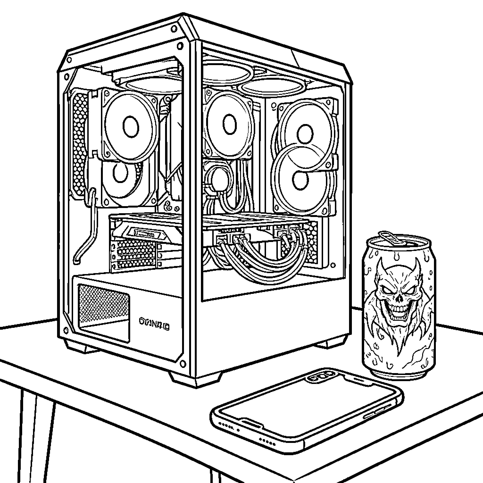 Gaming Computer with Powerful Components Coloring Page (free black-and-white line drawing printable PDF for all, from beginners to advanced learners, including children, teens, adults, and seniors)