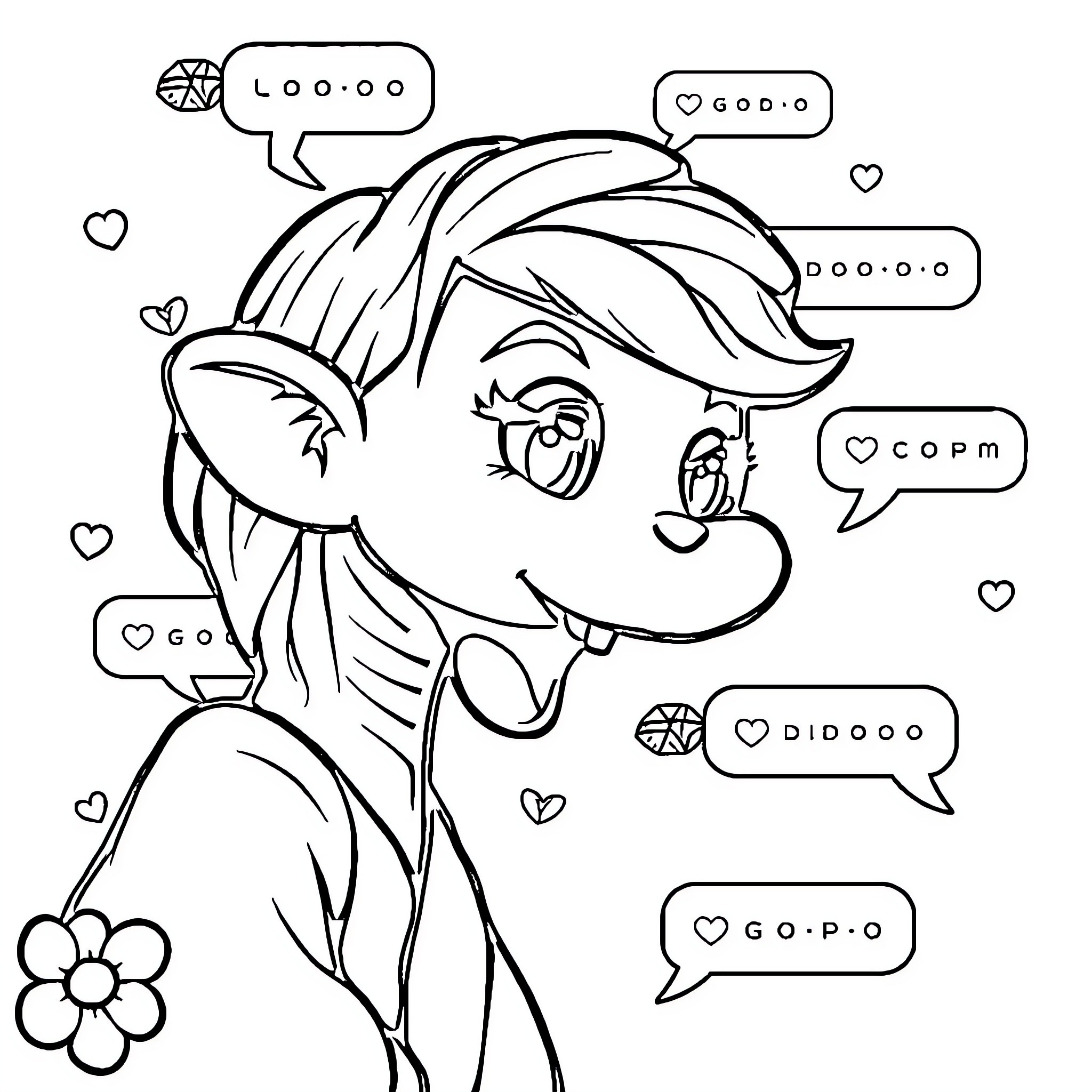 Gabychat chatting and expressing with heart-shaped speech bubbles Coloring Page (free black-and-white line drawing printable PDF for all, from beginners to advanced learners, including children, teens, adults, and seniors)