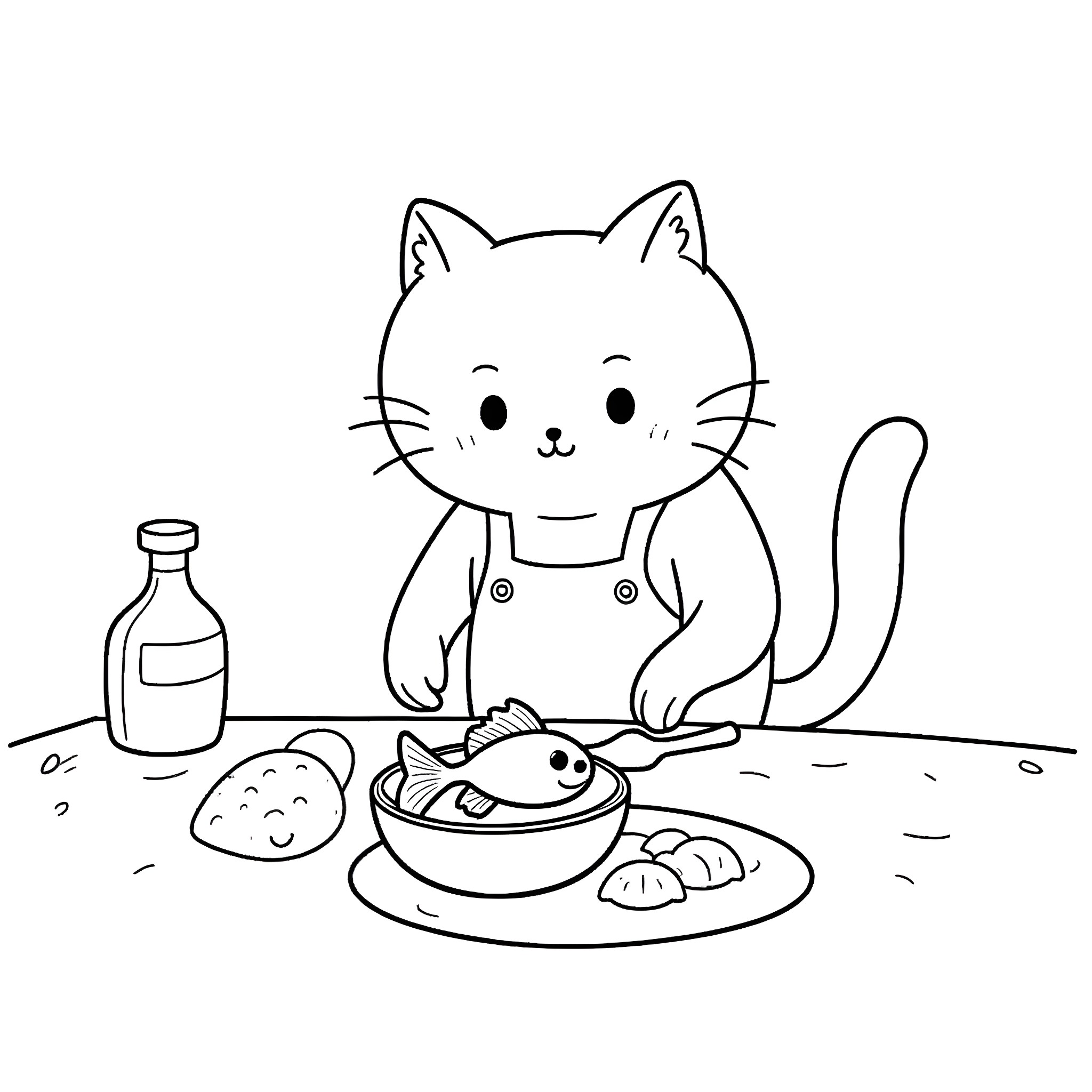 Cat enjoying a tasty meal Coloring Page (free black-and-white line drawing printable PDF for all, from beginners to advanced learners, including children, teens, adults, and seniors)