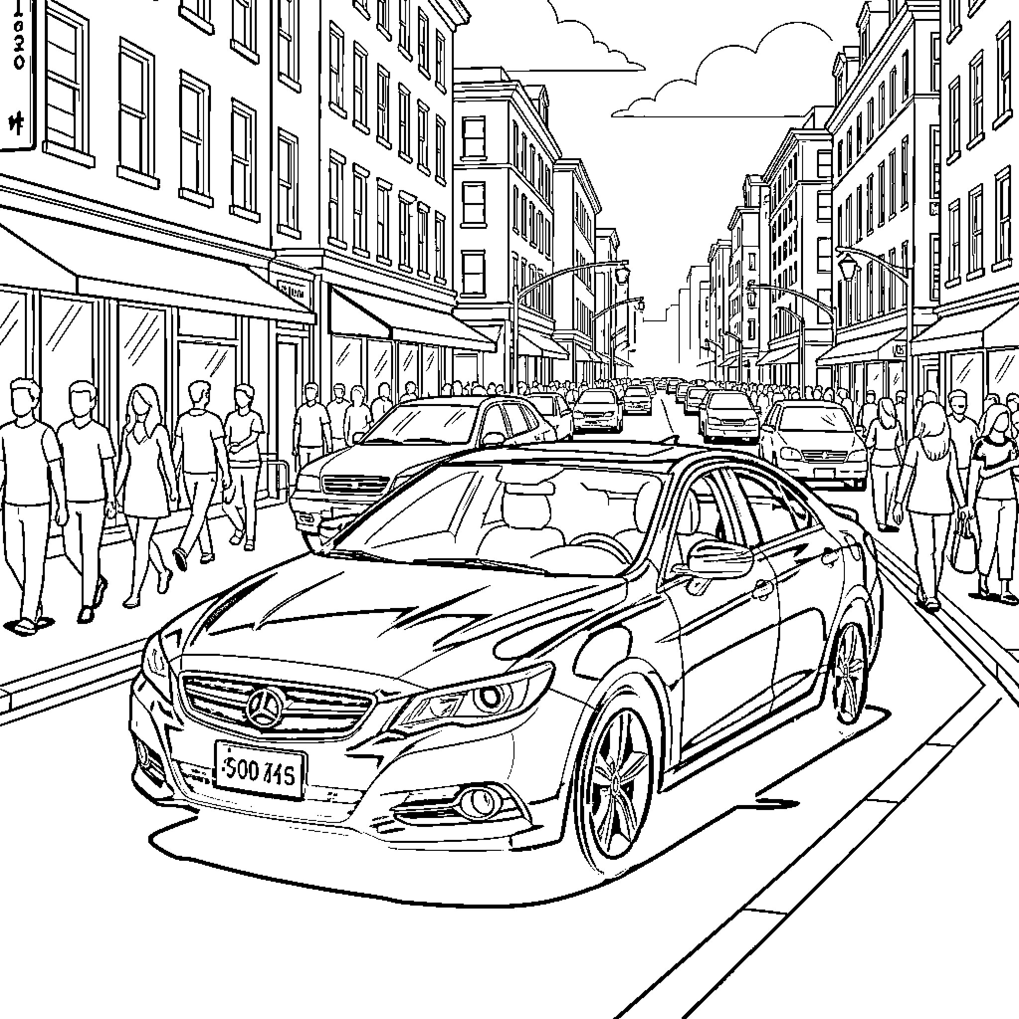 Car driving on busy city street with people Coloring Page (free black-and-white line drawing printable PDF for all, from beginners to advanced learners, including children, teens, adults, and seniors)