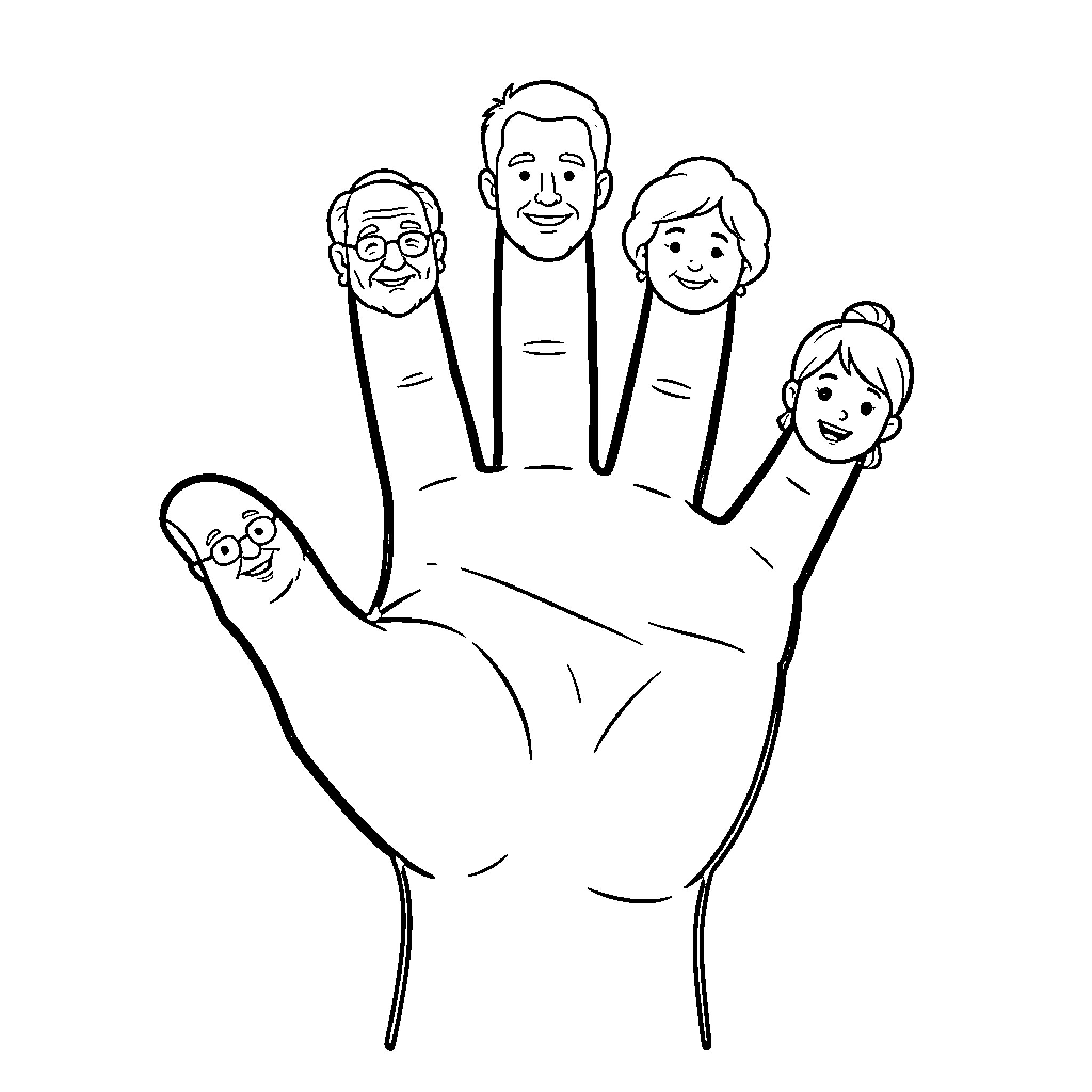 Hand with family faces on each finger Coloring Page (free black-and-white line drawing printable PDF for all, from beginners to advanced learners, including children, teens, adults, and seniors)