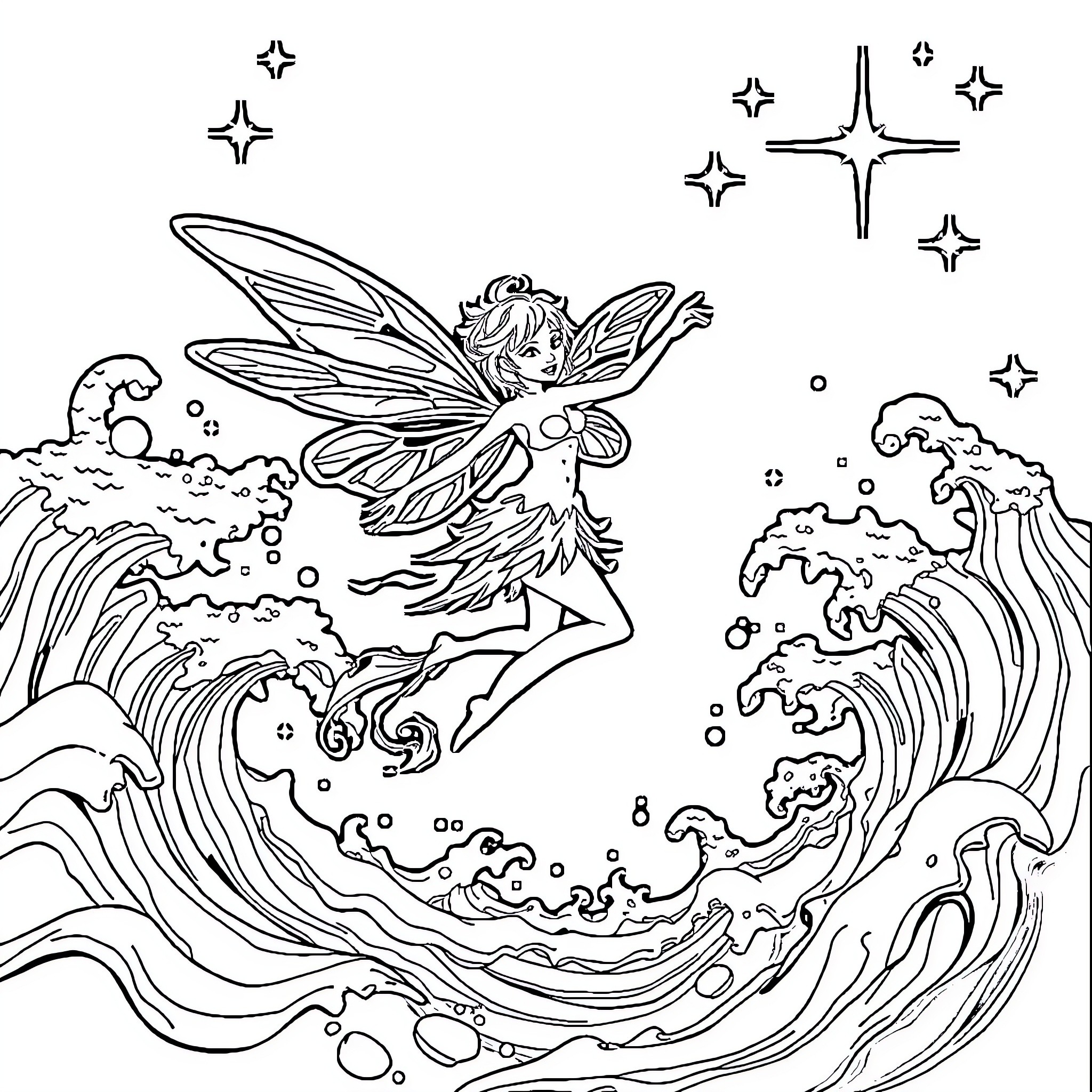 Fairy dancing amidst waves and stars Coloring Page (free black-and-white line drawing printable PDF for all, from beginners to advanced learners, including children, teens, adults, and seniors)