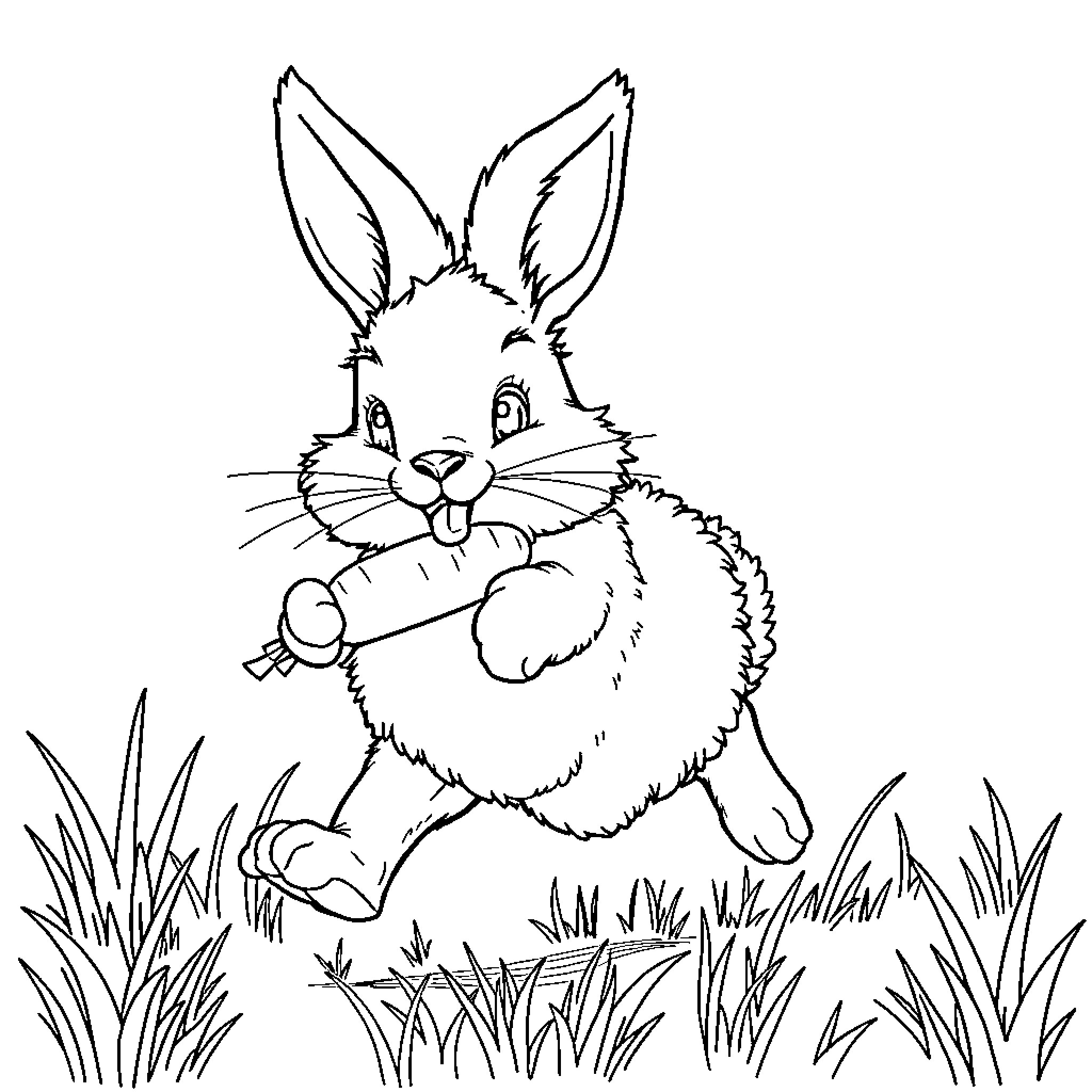 Bunny holding a carrot in grassy field Coloring Page (free black-and-white line drawing printable PDF for all, from beginners to advanced learners, including children, teens, adults, and seniors)