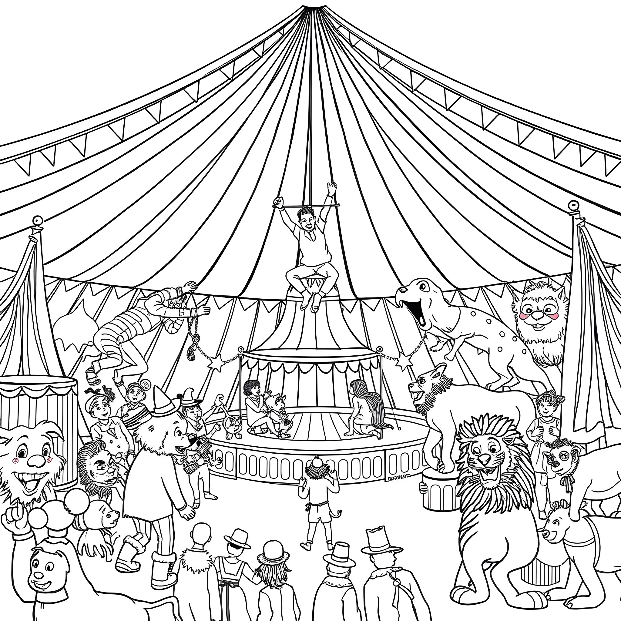 Circus performers, animals, and spectators in a grand tent Coloring Page (free black-and-white line drawing printable PDF for all, from beginners to advanced learners, including children, teens, adults, and seniors)