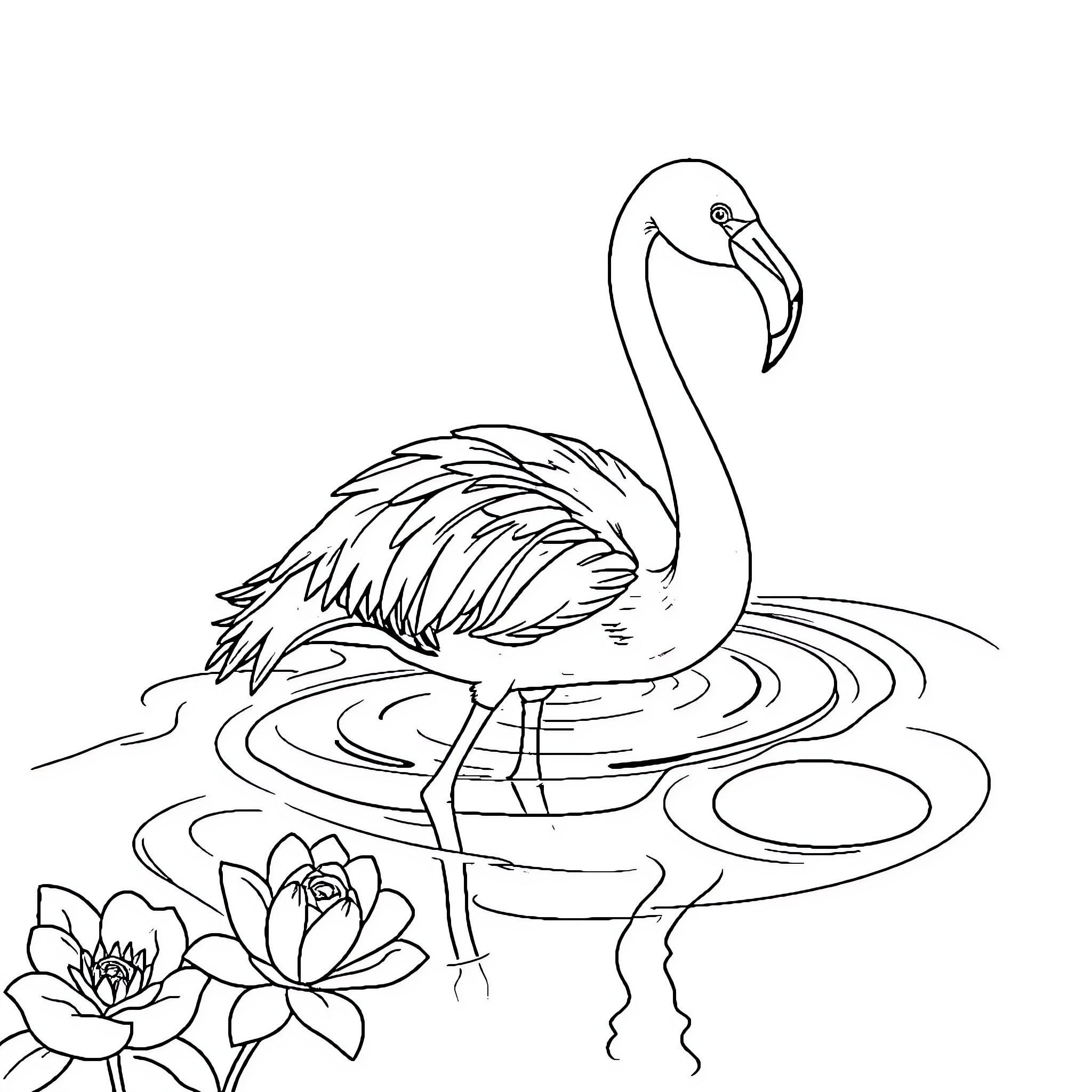 Flamingo standing amidst water lilies Coloring Page (free black-and-white line drawing printable PDF for all, from beginners to advanced learners, including children, teens, adults, and seniors)