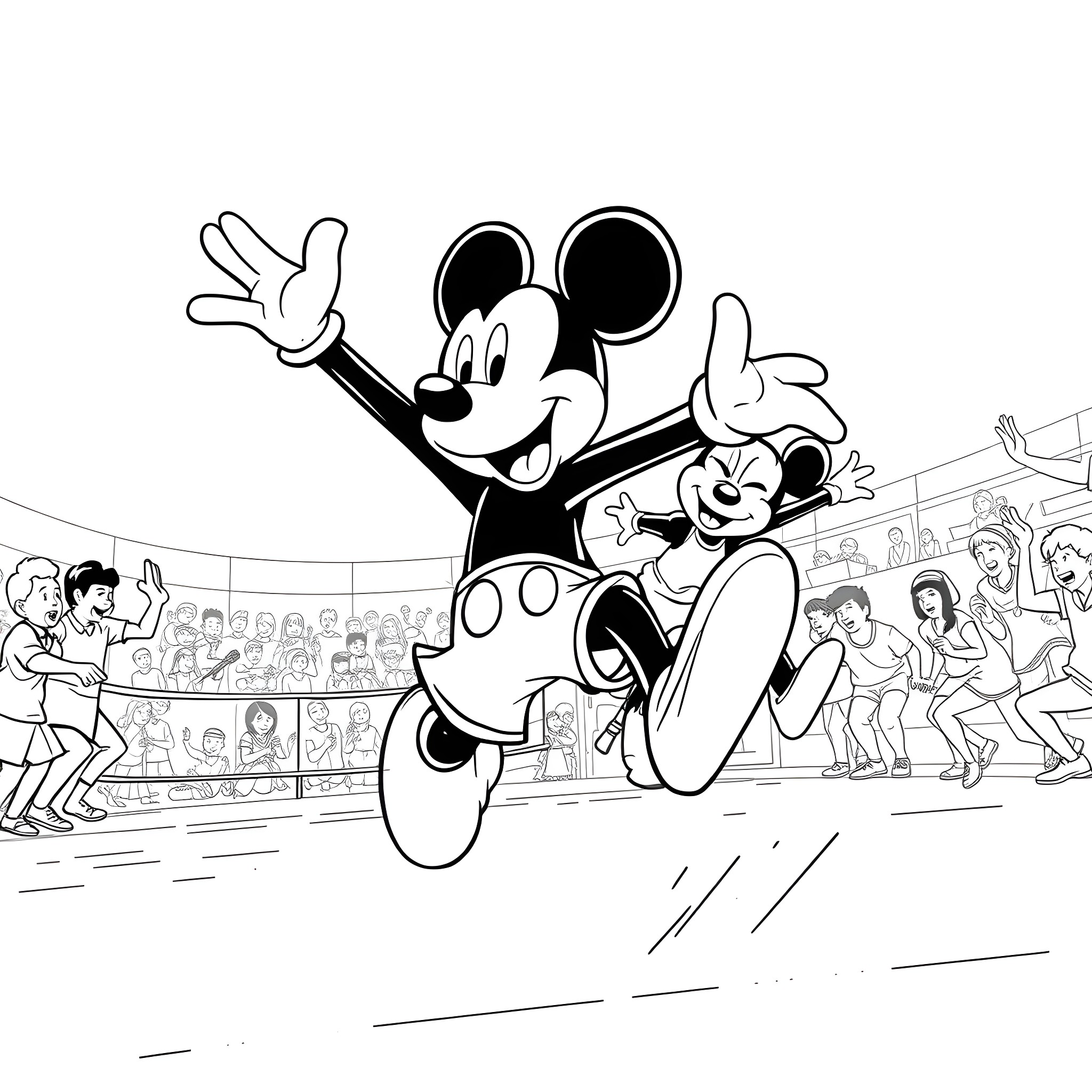 Mickey Mouse and Friends Celebrating on Stage Coloring Page (free black-and-white line drawing printable PDF for all, from beginners to advanced learners, including children, teens, adults, and seniors)