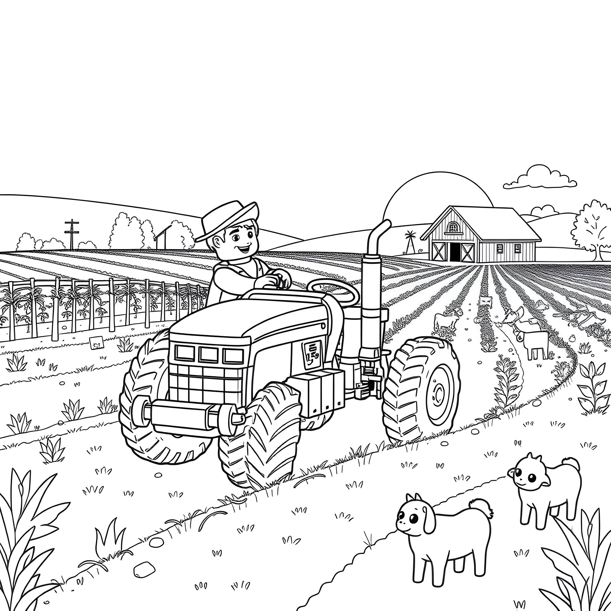 Tractor working diligently on the farm Coloring Page (free black-and-white line drawing printable PDF for all, from beginners to advanced learners, including children, teens, adults, and seniors)