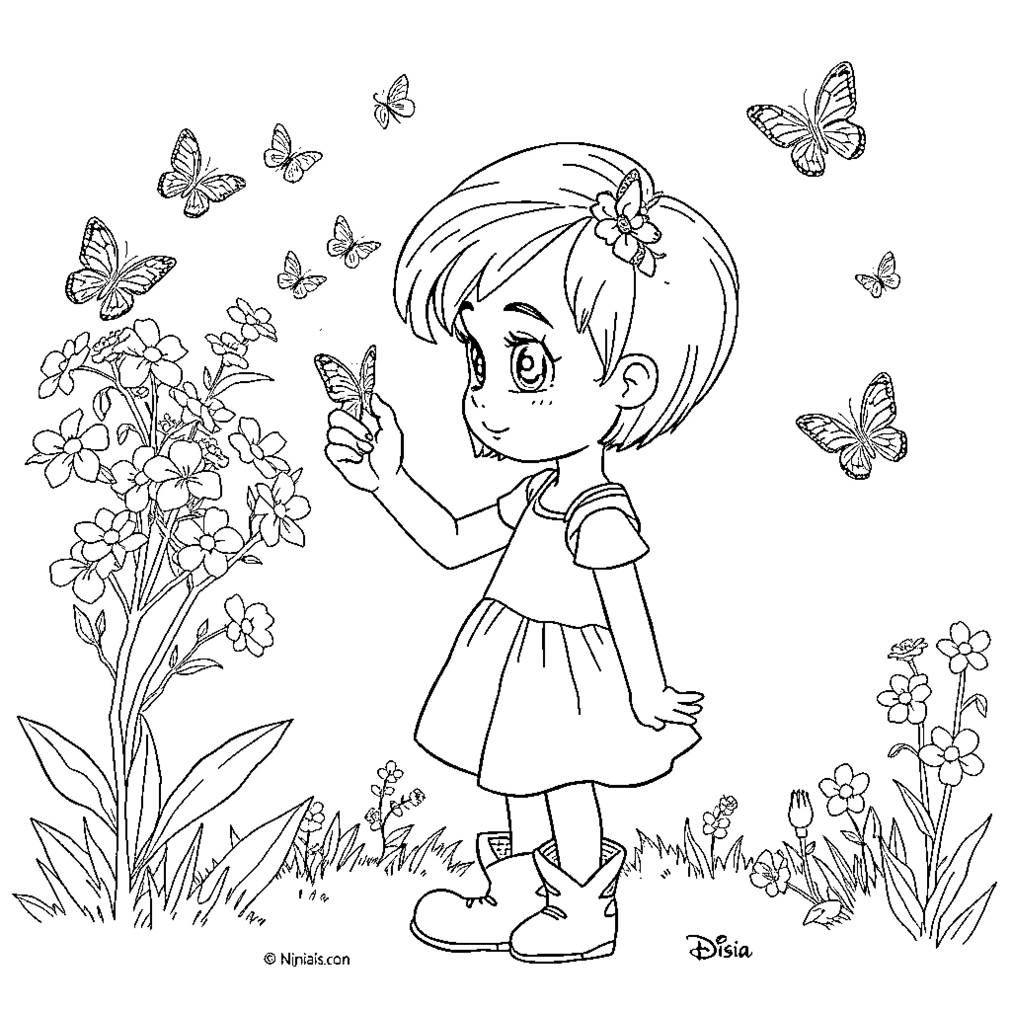 Nina Enjoys Nature's Beauty with Butterflies Coloring Page (free black-and-white line drawing printable PDF for all, from beginners to advanced learners, including children, teens, adults, and seniors)