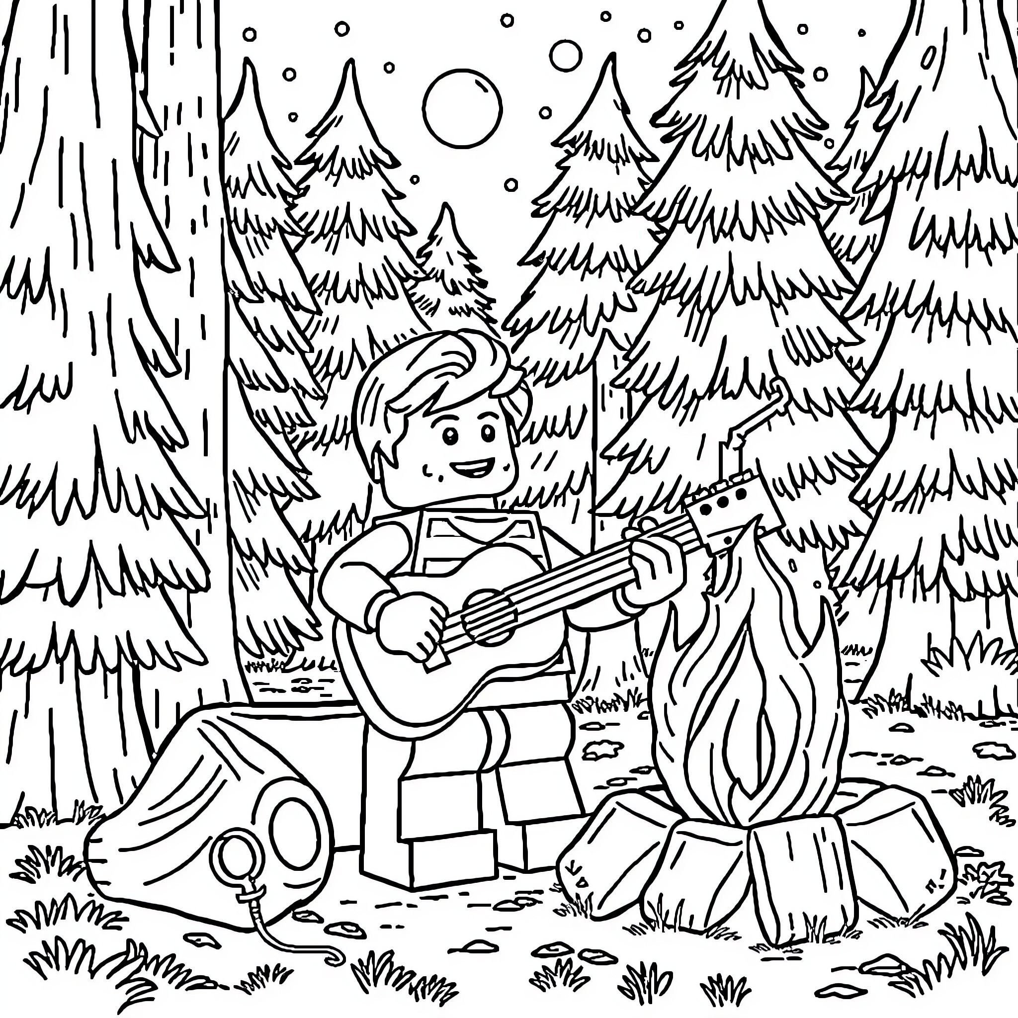 Lego Man Plays Guitar by Campfire in Snowy Forest Coloring Page (free black-and-white line drawing printable PDF for all, from beginners to advanced learners, including children, teens, adults, and seniors)