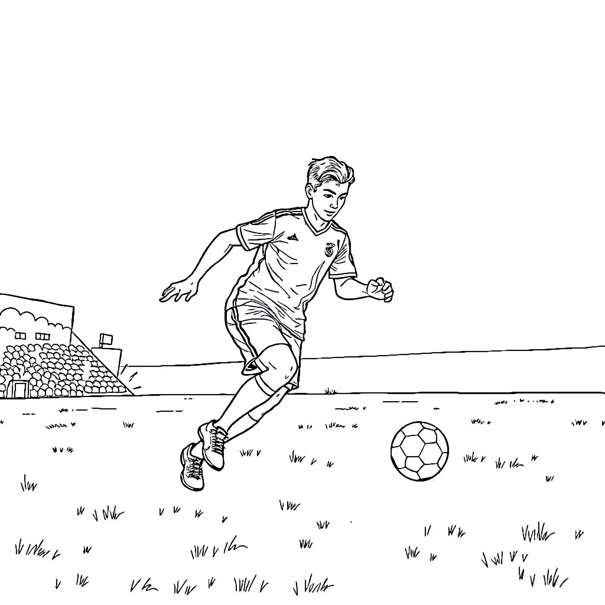 John Cinna playing soccer on the field Coloring Page (free black-and-white line drawing printable PDF for all, from beginners to advanced learners, including children, teens, adults, and seniors)