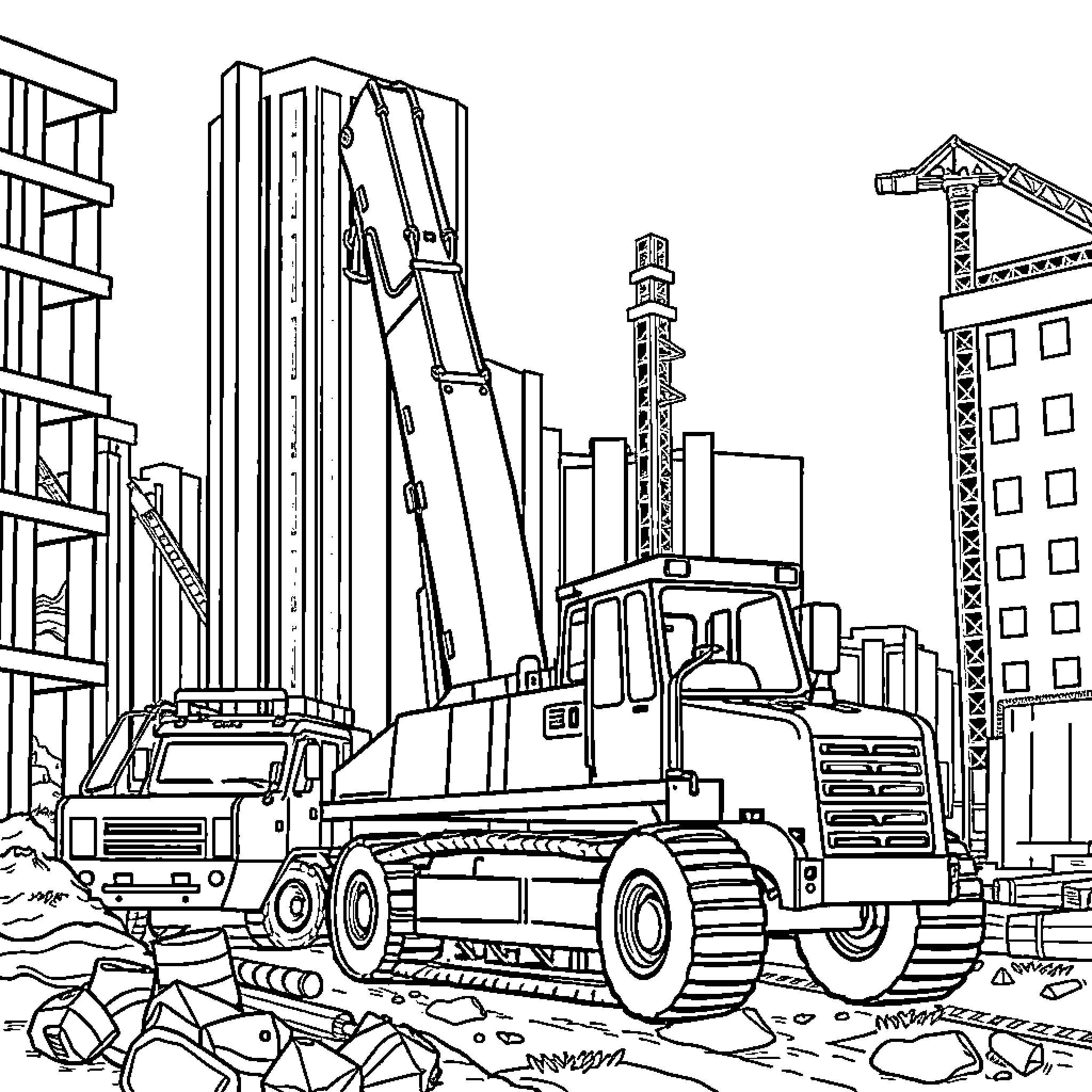 Machinery Performing Construction Work in Urban Landscape Coloring Page (free black-and-white line drawing printable PDF for all, from beginners to advanced learners, including children, teens, adults, and seniors)