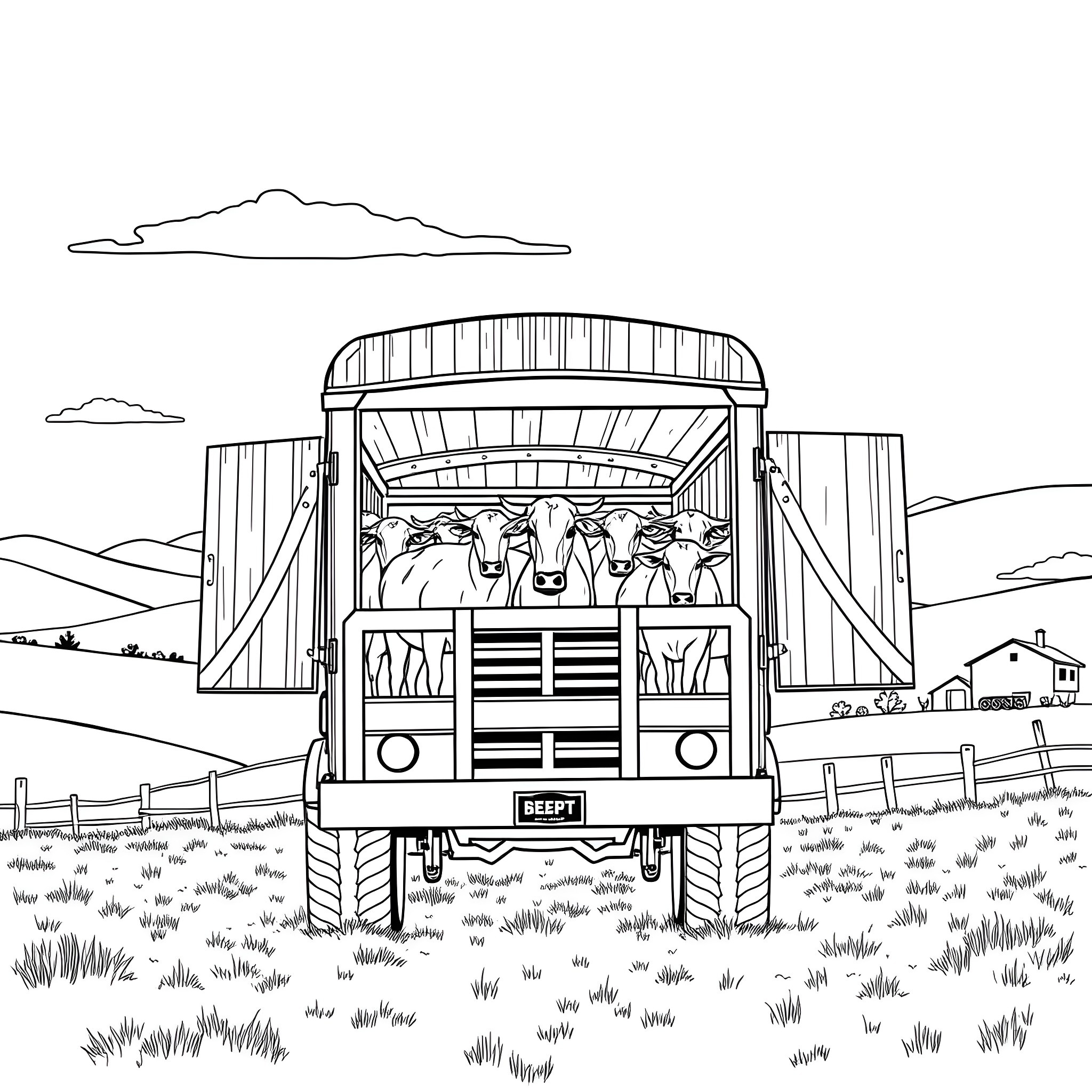 Cattle Truck Transporting Livestock in Rural Landscape Coloring Page (free black-and-white line drawing printable PDF for all, from beginners to advanced learners, including children, teens, adults, and seniors)