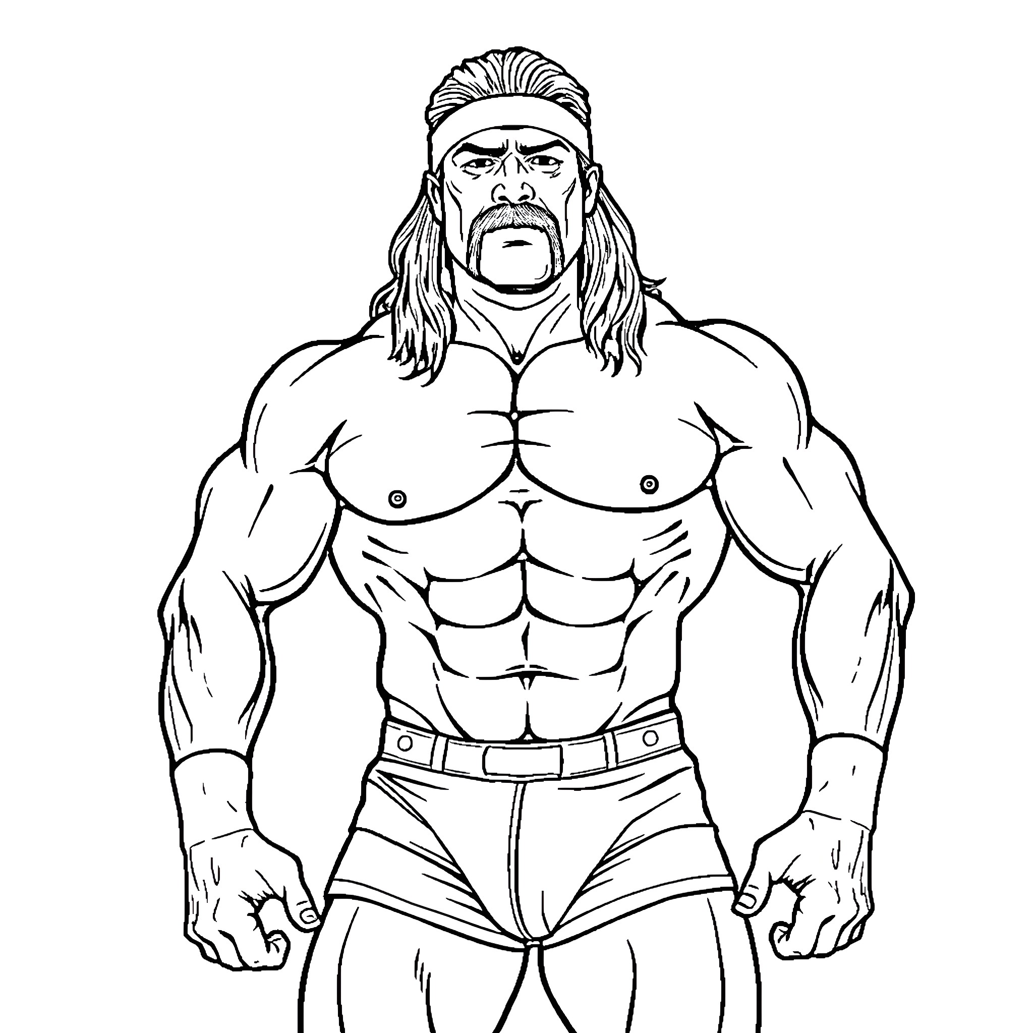 Hulk Hogan flexing muscular physique Coloring Page (free black-and-white line drawing printable PDF for all, from beginners to advanced learners, including children, teens, adults, and seniors)