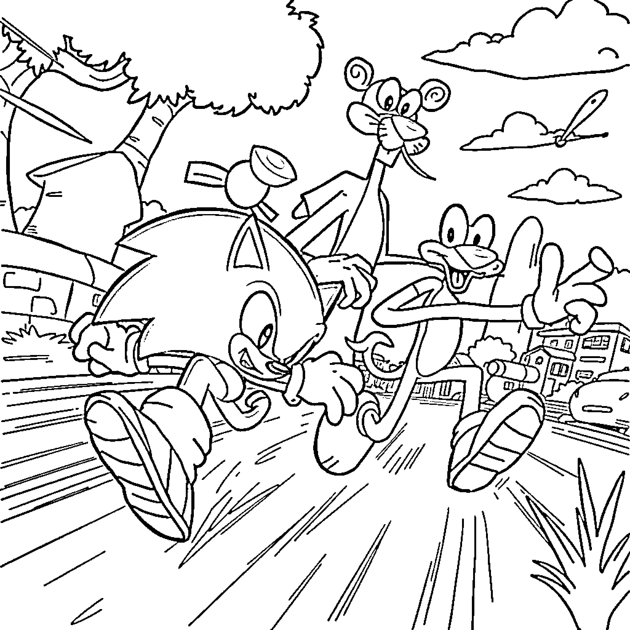 Sonic's Thrilling Adventure in the Animated Landscape Coloring Page (free black-and-white line drawing printable PDF for all, from beginners to advanced learners, including children, teens, adults, and seniors)