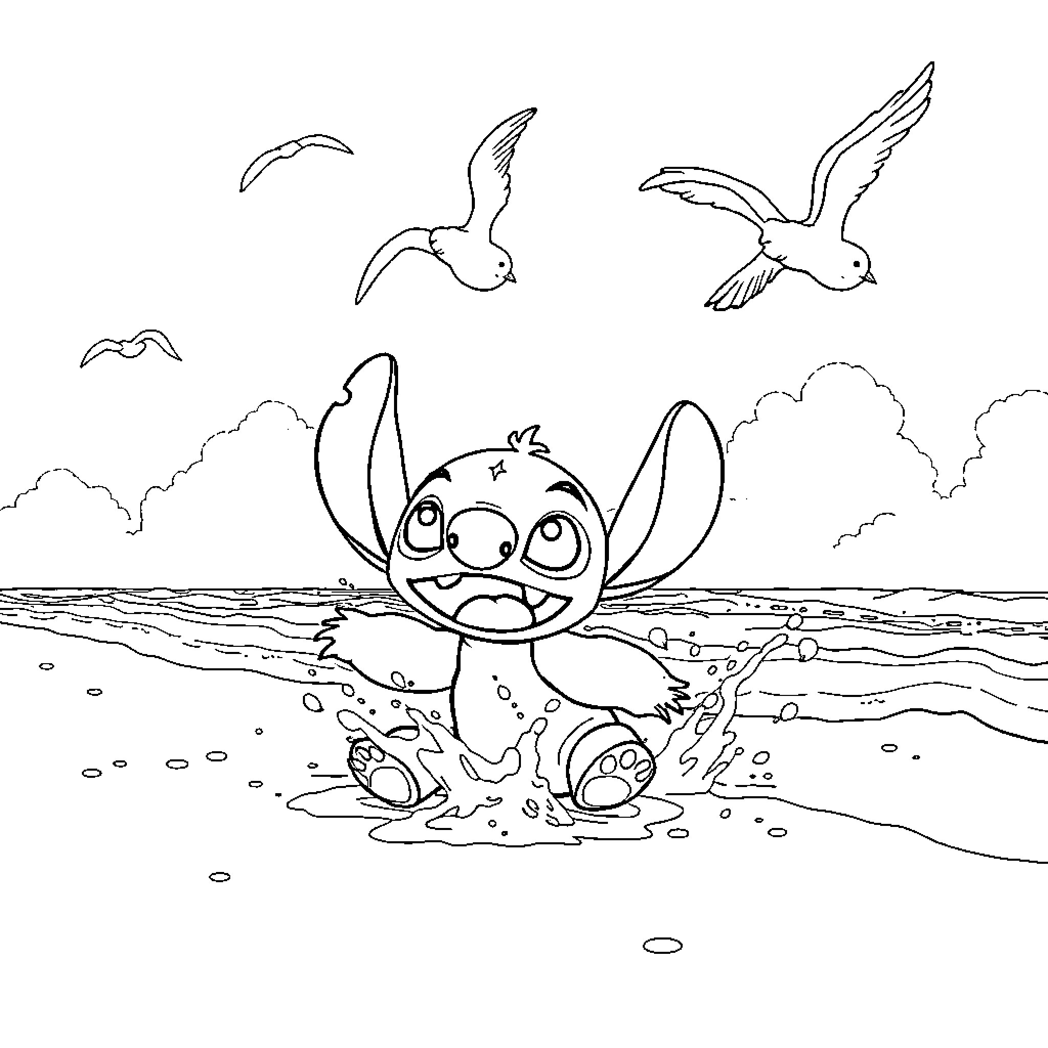 Stitch playing in the ocean with seagulls Coloring Page (free black-and-white line drawing printable PDF for all, from beginners to advanced learners, including children, teens, adults, and seniors)