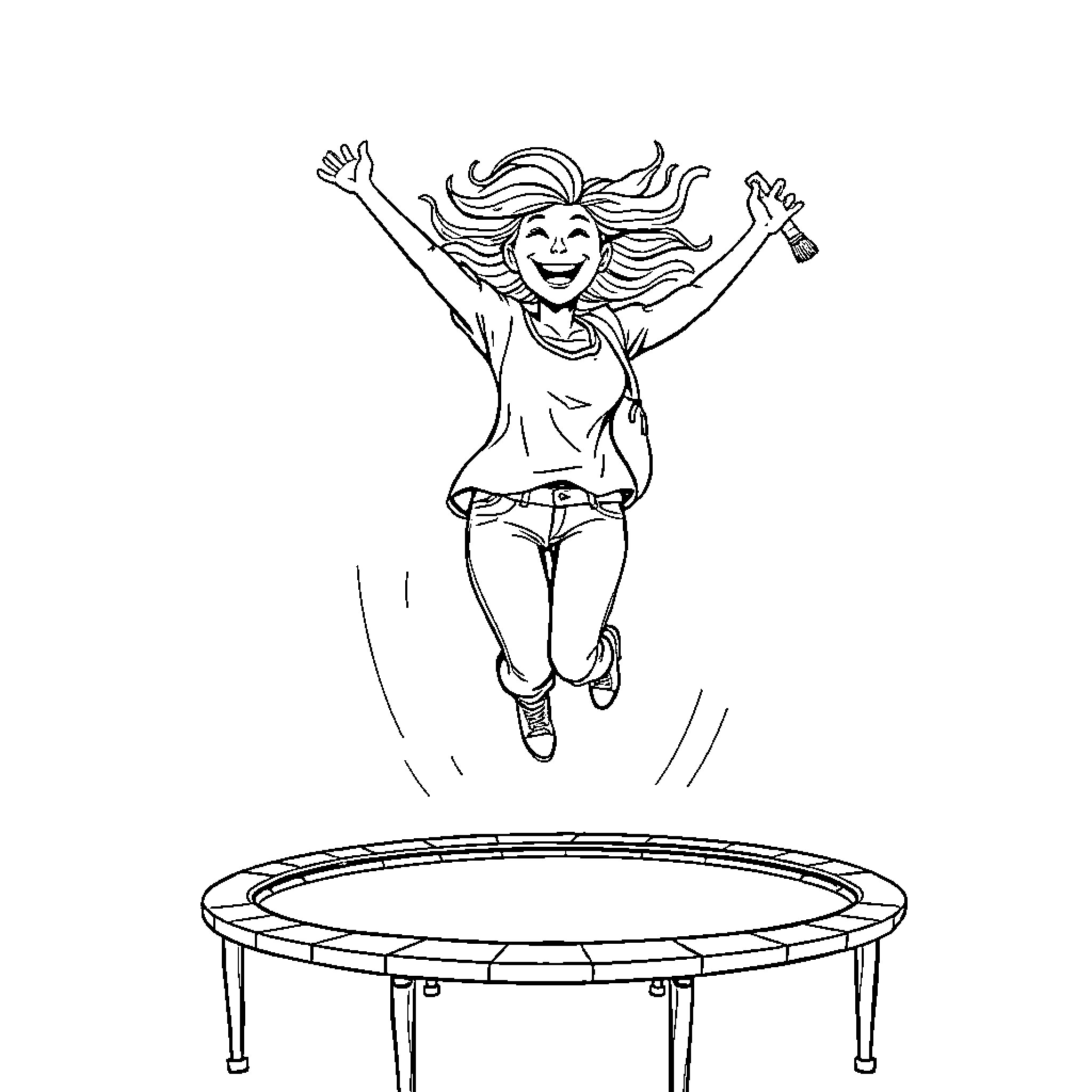 Mom jumping joyfully on trampoline Coloring Page (free black-and-white line drawing printable PDF for all, from beginners to advanced learners, including children, teens, adults, and seniors)