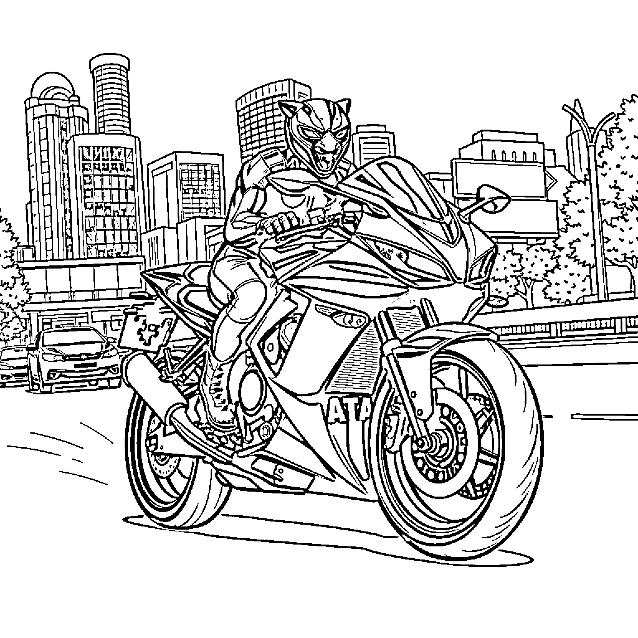 Panther Superhero Riding Motorcycle in the City Coloring Page (free black-and-white line drawing printable PDF for all, from beginners to advanced learners, including children, teens, adults, and seniors)