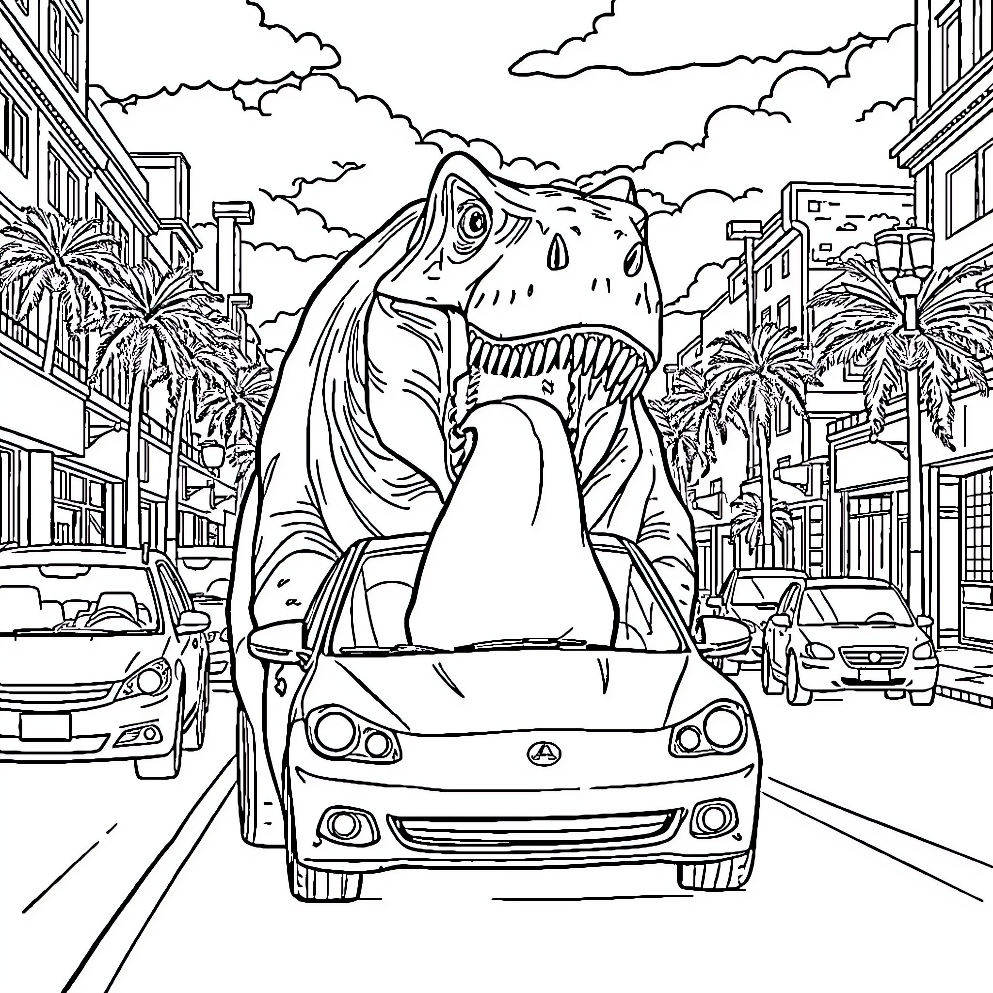 Dinosaur roaming through a city street Coloring Page (free black-and-white line drawing printable PDF for all, from beginners to advanced learners, including children, teens, adults, and seniors)
