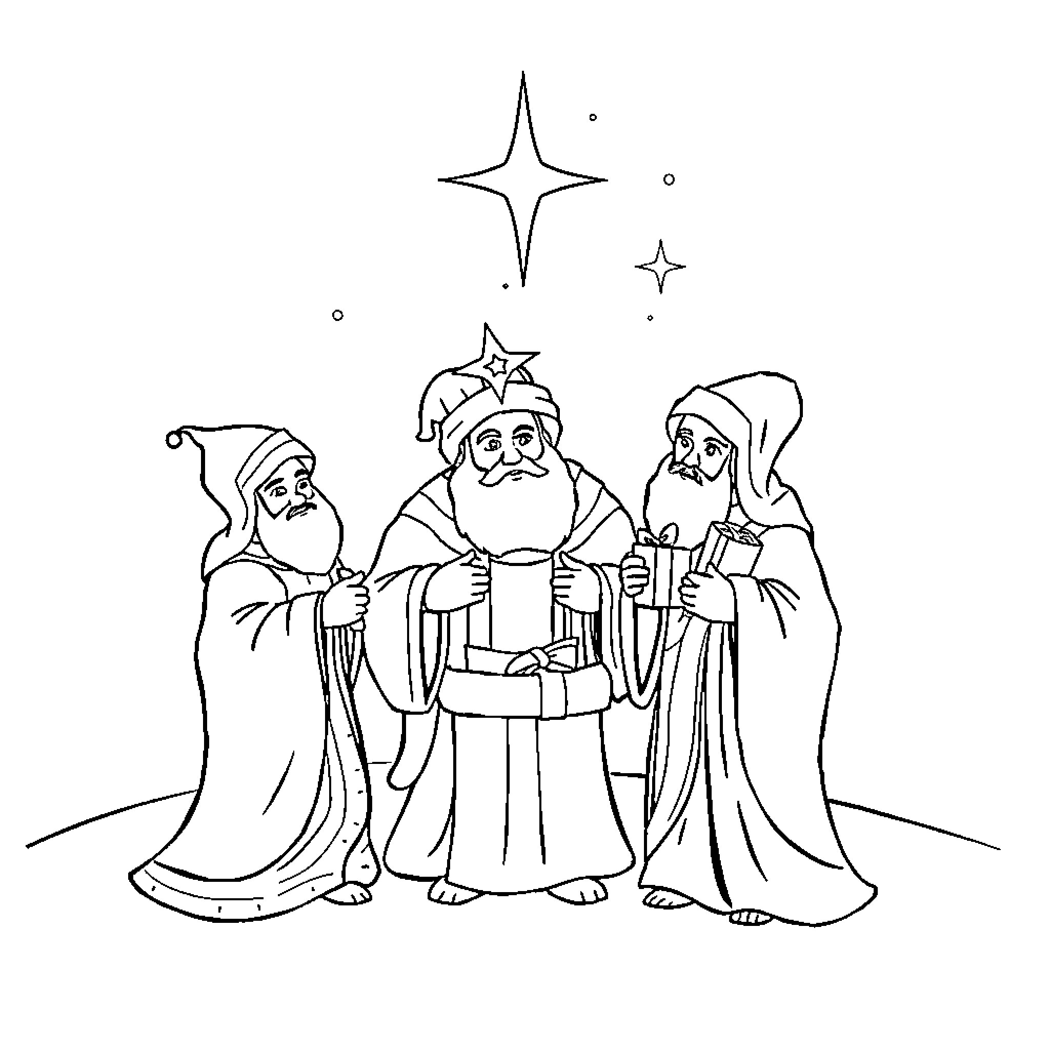 Nativity Scene with Wise Men Coloring Page (free black-and-white line drawing printable PDF for all, from beginners to advanced learners, including children, teens, adults, and seniors)