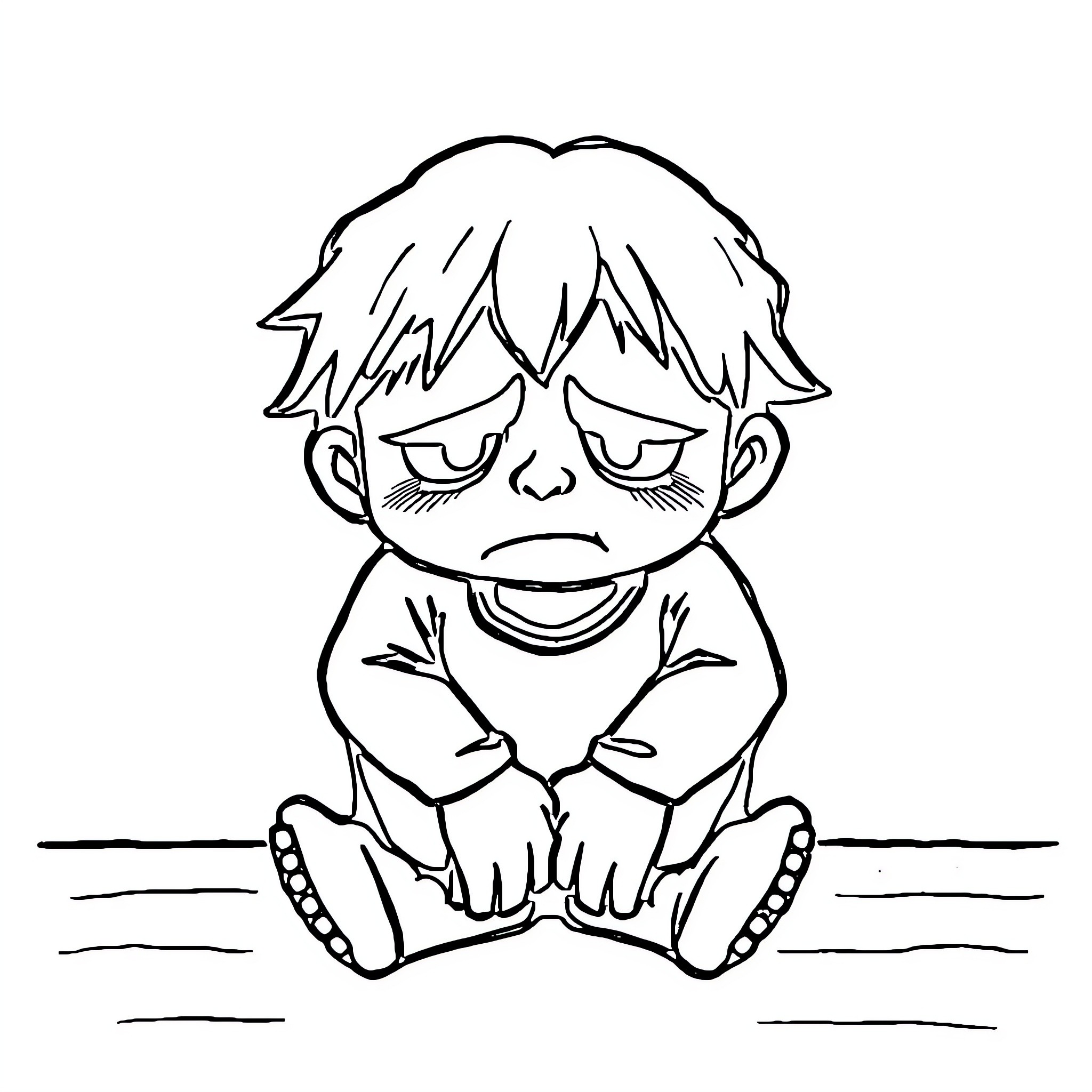 Sad child sitting alone with folded arms Coloring Page (free black-and-white line drawing printable PDF for all, from beginners to advanced learners, including children, teens, adults, and seniors)