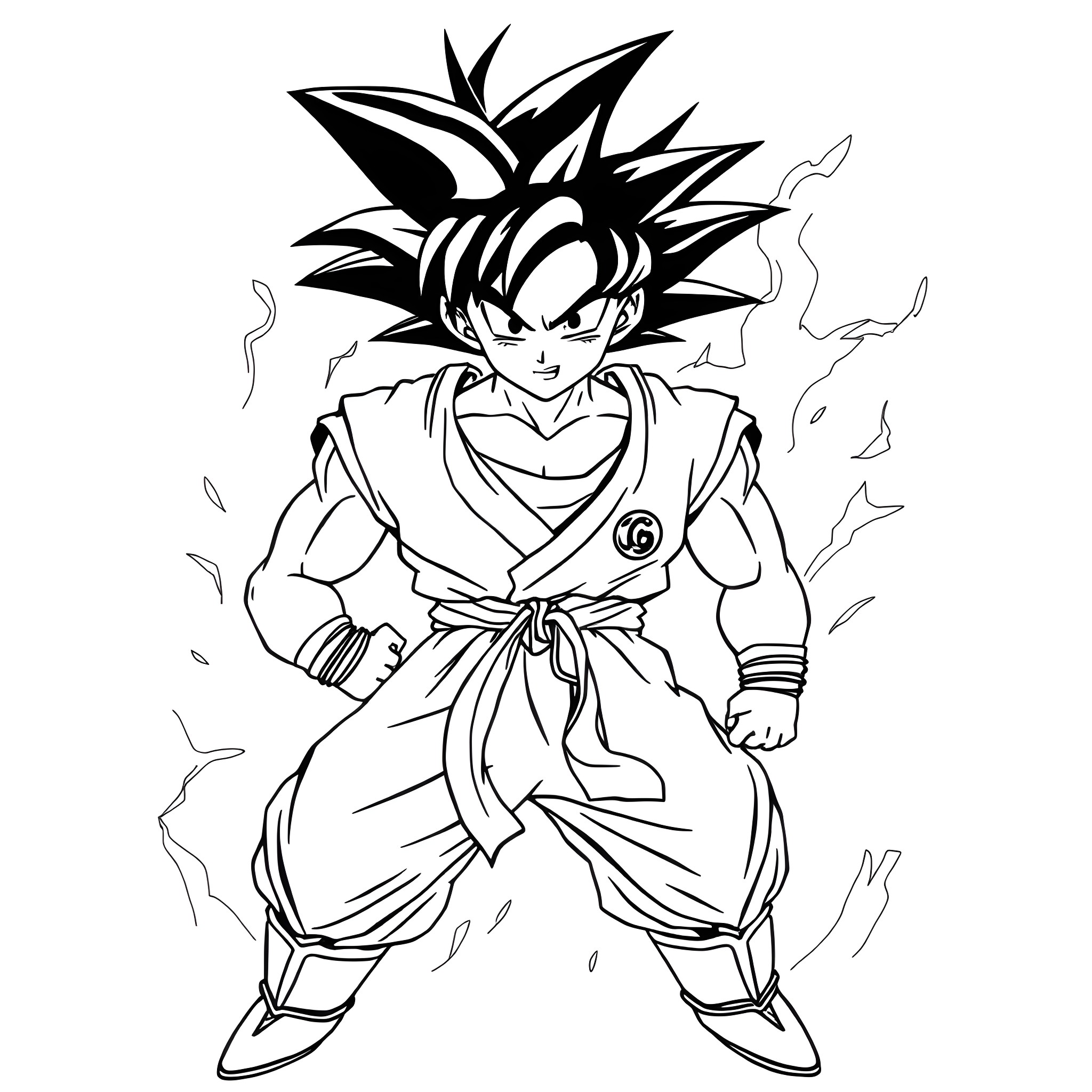 Goku in a fighting stance with fierce expression Coloring Page (free black-and-white line drawing printable PDF for all, from beginners to advanced learners, including children, teens, adults, and seniors)
