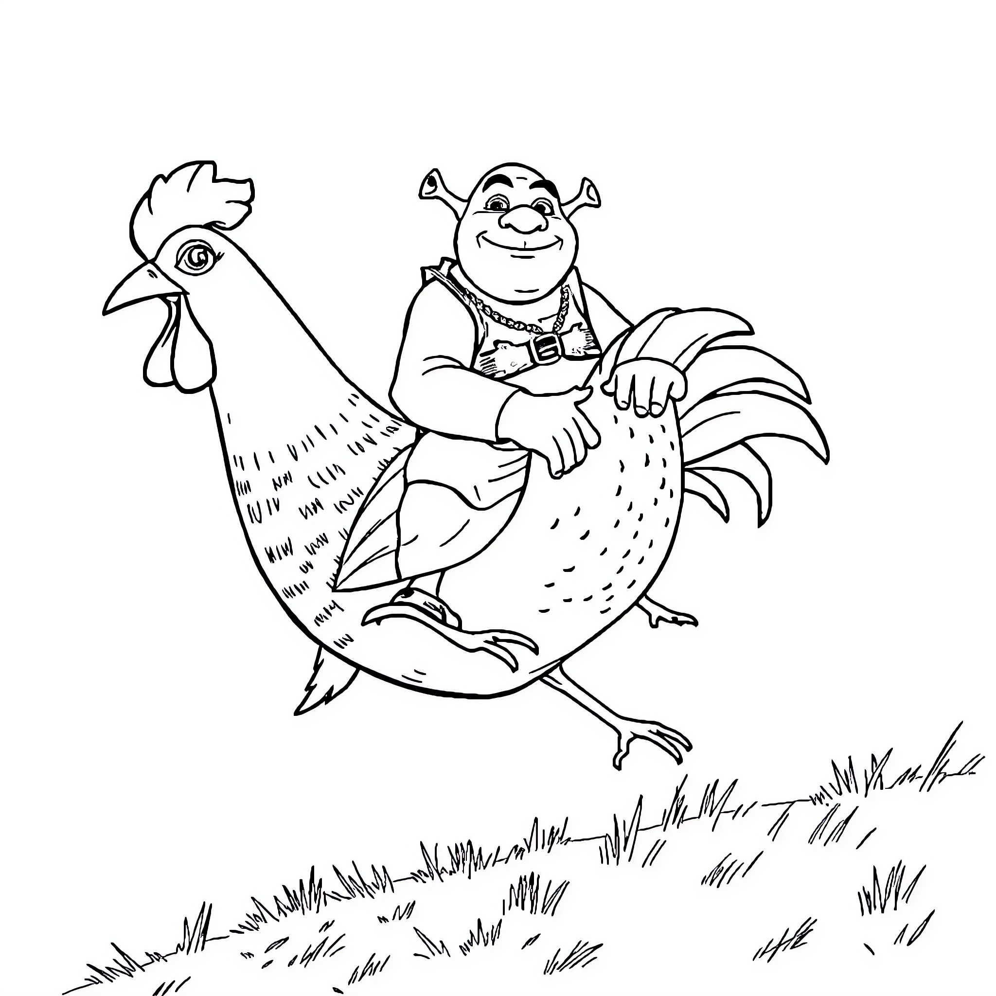 Shrek riding a playful rooster on the farm Coloring Page (free black-and-white line drawing printable PDF for all, from beginners to advanced learners, including children, teens, adults, and seniors)