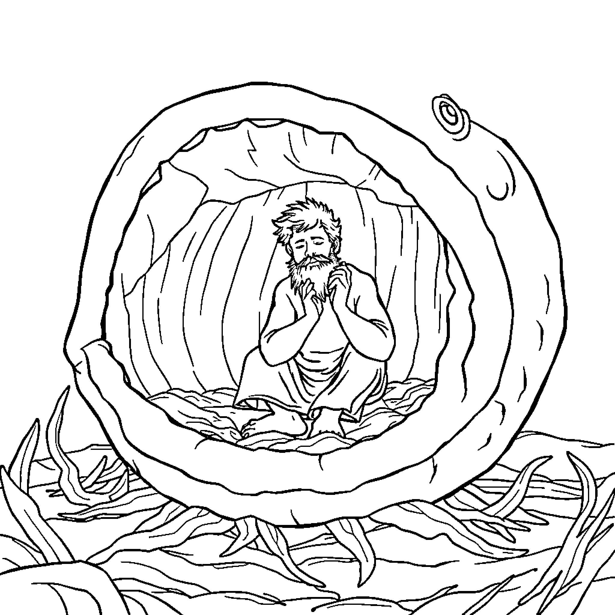 Jonah praying inside the whale's belly Coloring Page (free black-and-white line drawing printable PDF for all, from beginners to advanced learners, including children, teens, adults, and seniors)