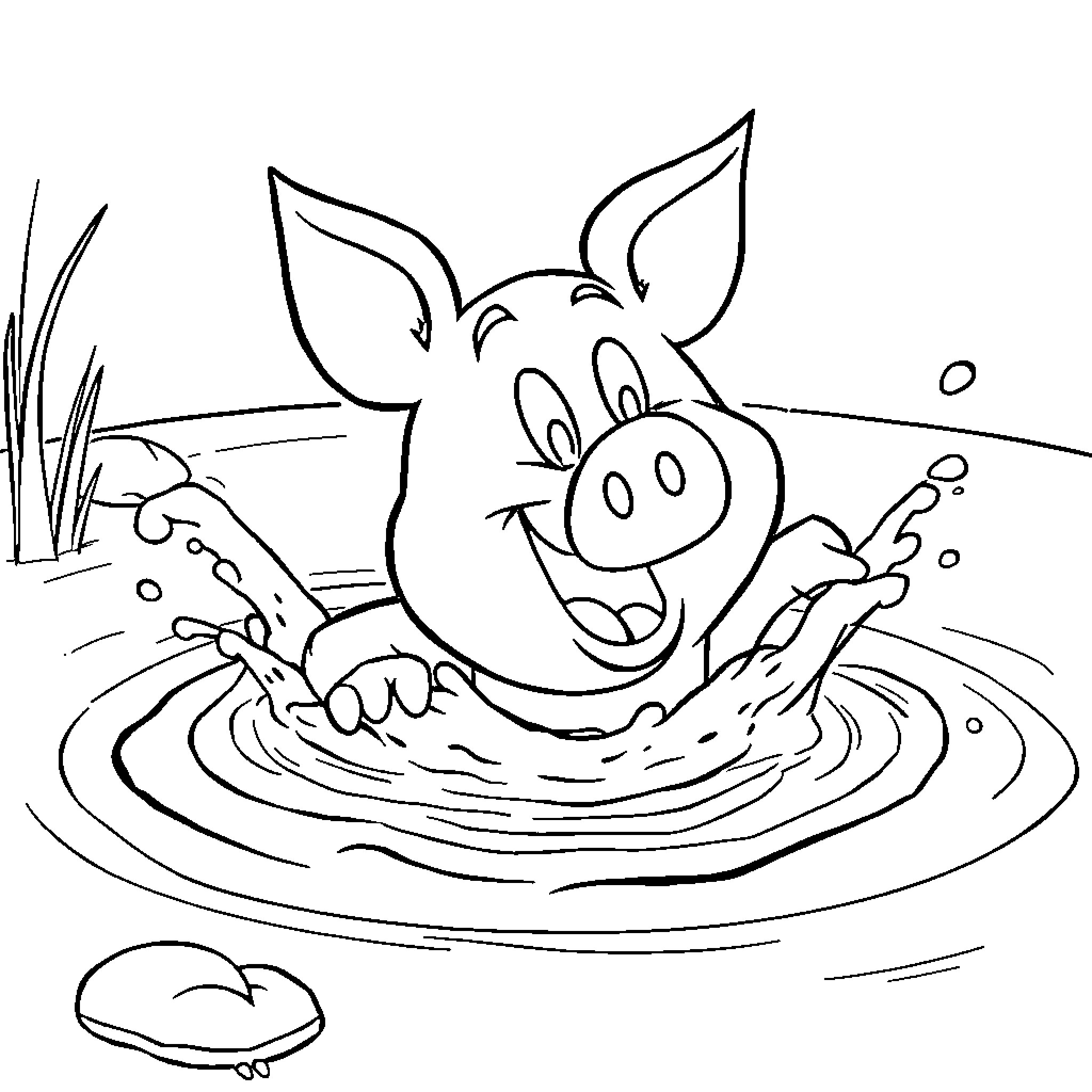 Porky Pig splashing happily in the mud Coloring Page (free black-and-white line drawing printable PDF for all, from beginners to advanced learners, including children, teens, adults, and seniors)