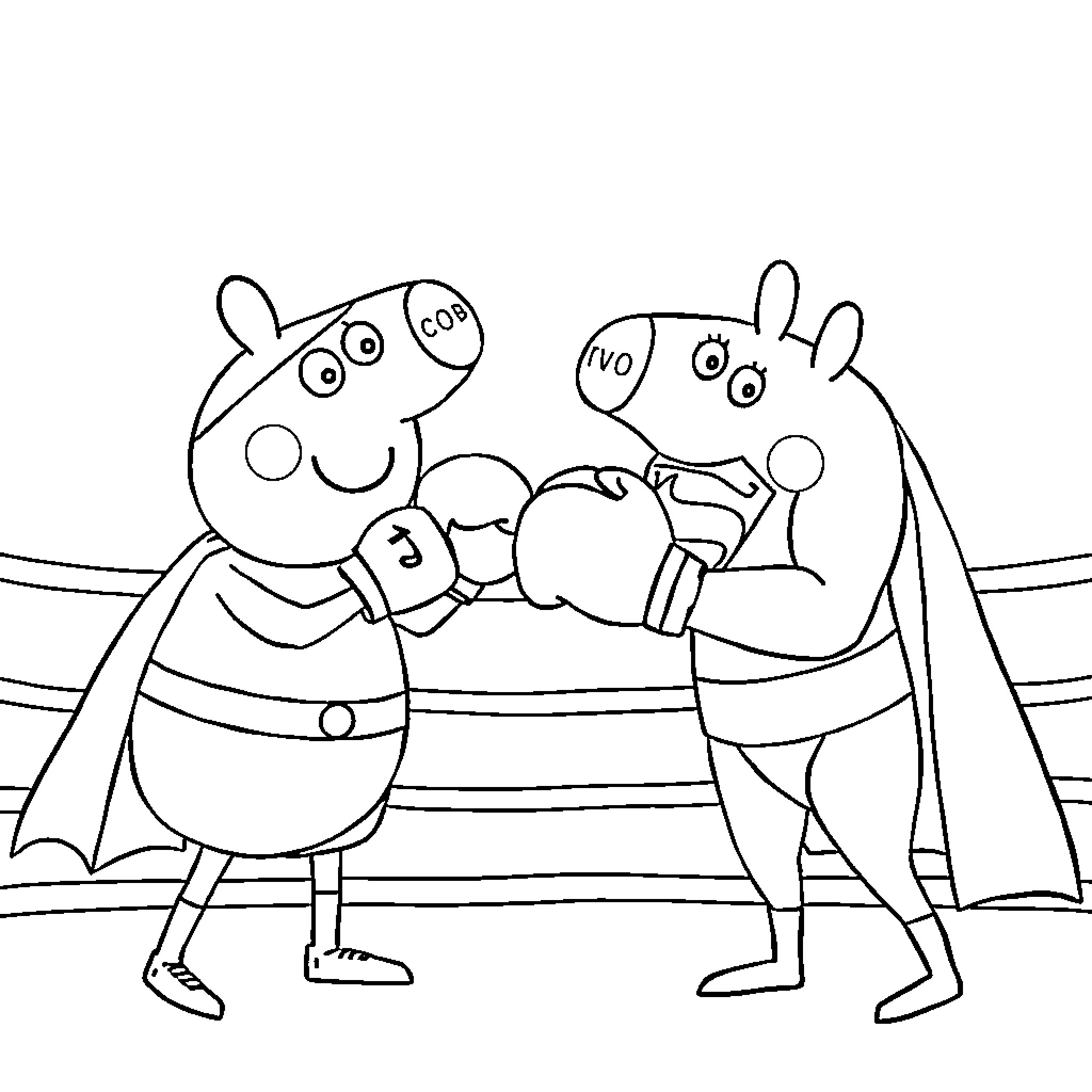 Superman-themed cartoon characters boxing in the ring Coloring Page (free black-and-white line drawing printable PDF for all, from beginners to advanced learners, including children, teens, adults, and seniors)