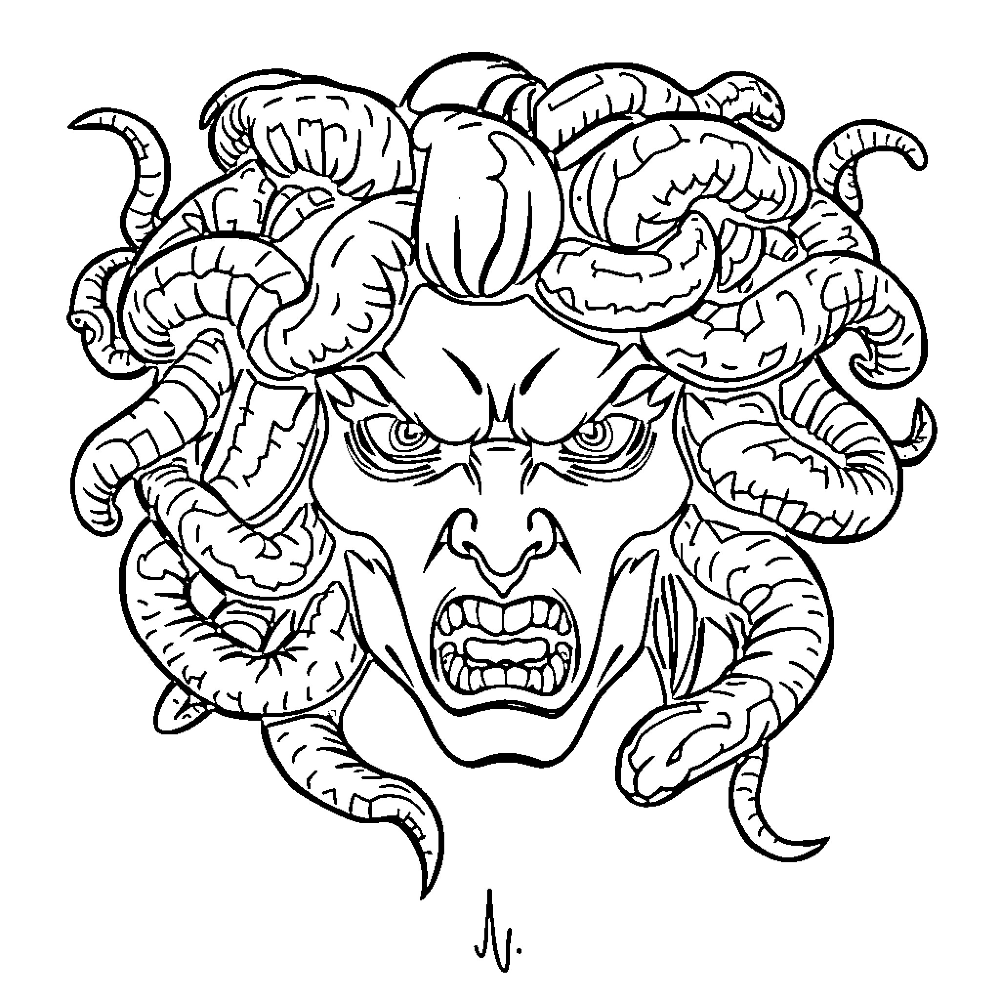 Medusa's Fearsome Visage Coloring Page (free black-and-white line drawing printable PDF for all, from beginners to advanced learners, including children, teens, adults, and seniors)