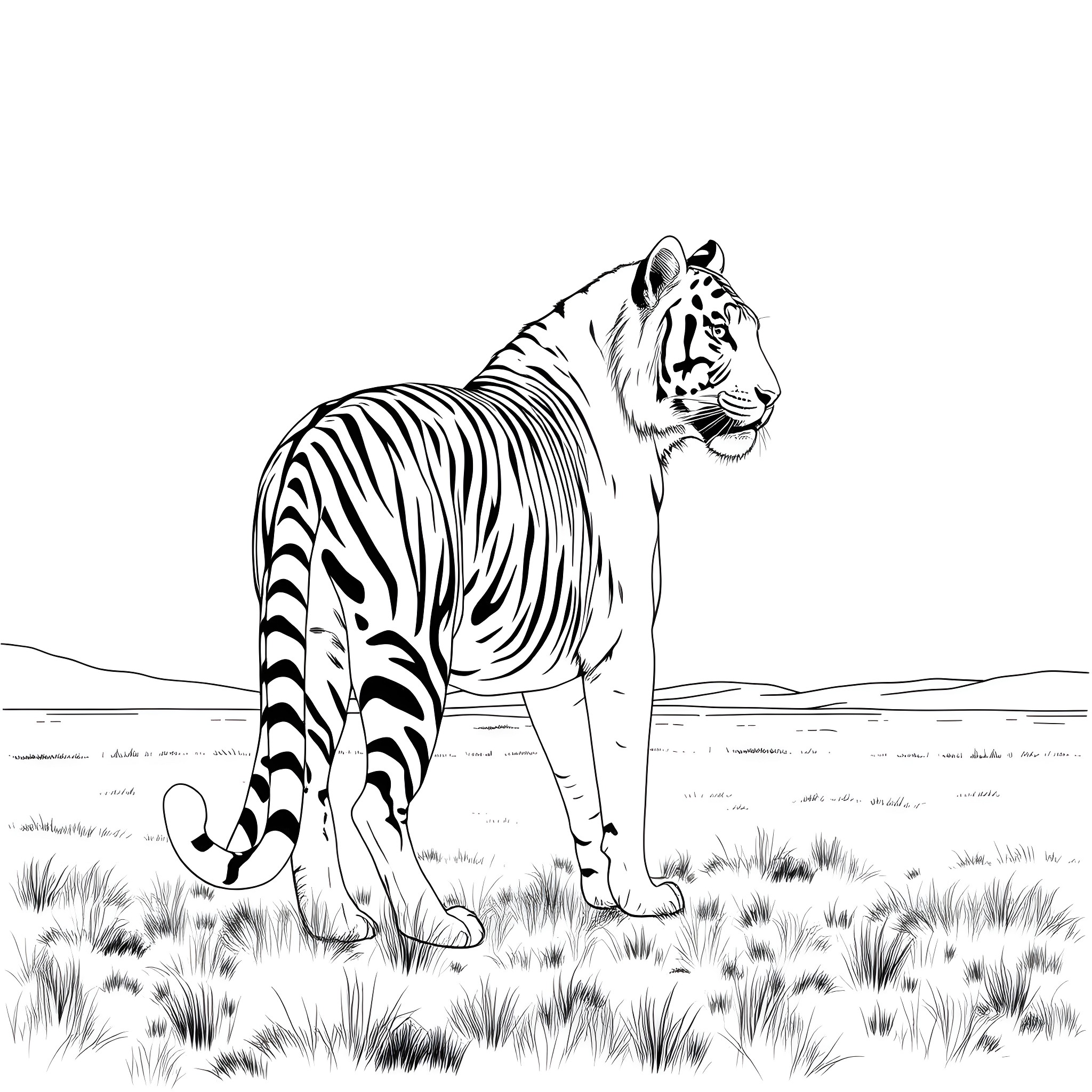 Tiger standing alert in grassland Coloring Page (free black-and-white line drawing printable PDF for all, from beginners to advanced learners, including children, teens, adults, and seniors)