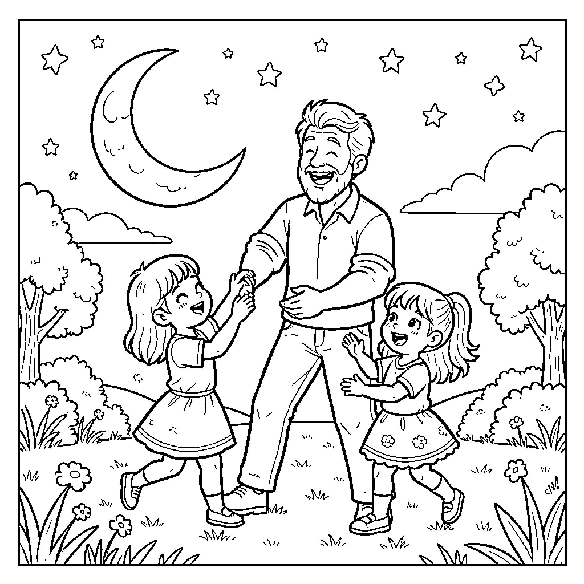 Father playing with daughters under the moonlit sky Coloring Page (free black-and-white line drawing printable PDF for all, from beginners to advanced learners, including children, teens, adults, and seniors)