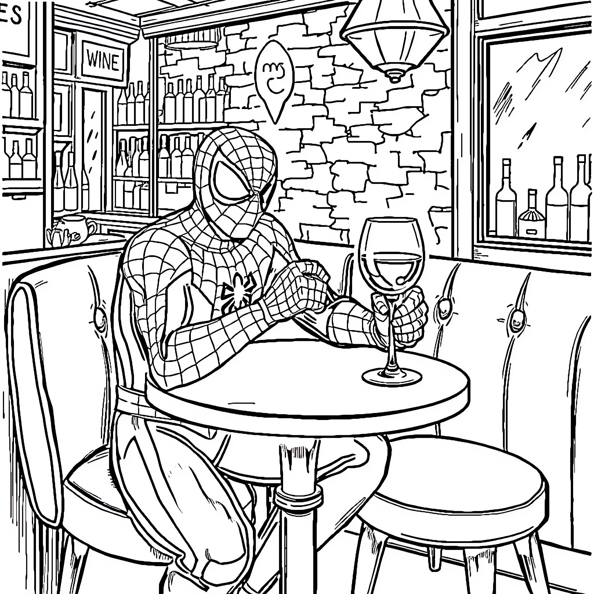 Spiderman enjoying a glass of wine at a cozy cafe Coloring Page (free black-and-white line drawing printable PDF for all, from beginners to advanced learners, including children, teens, adults, and seniors)