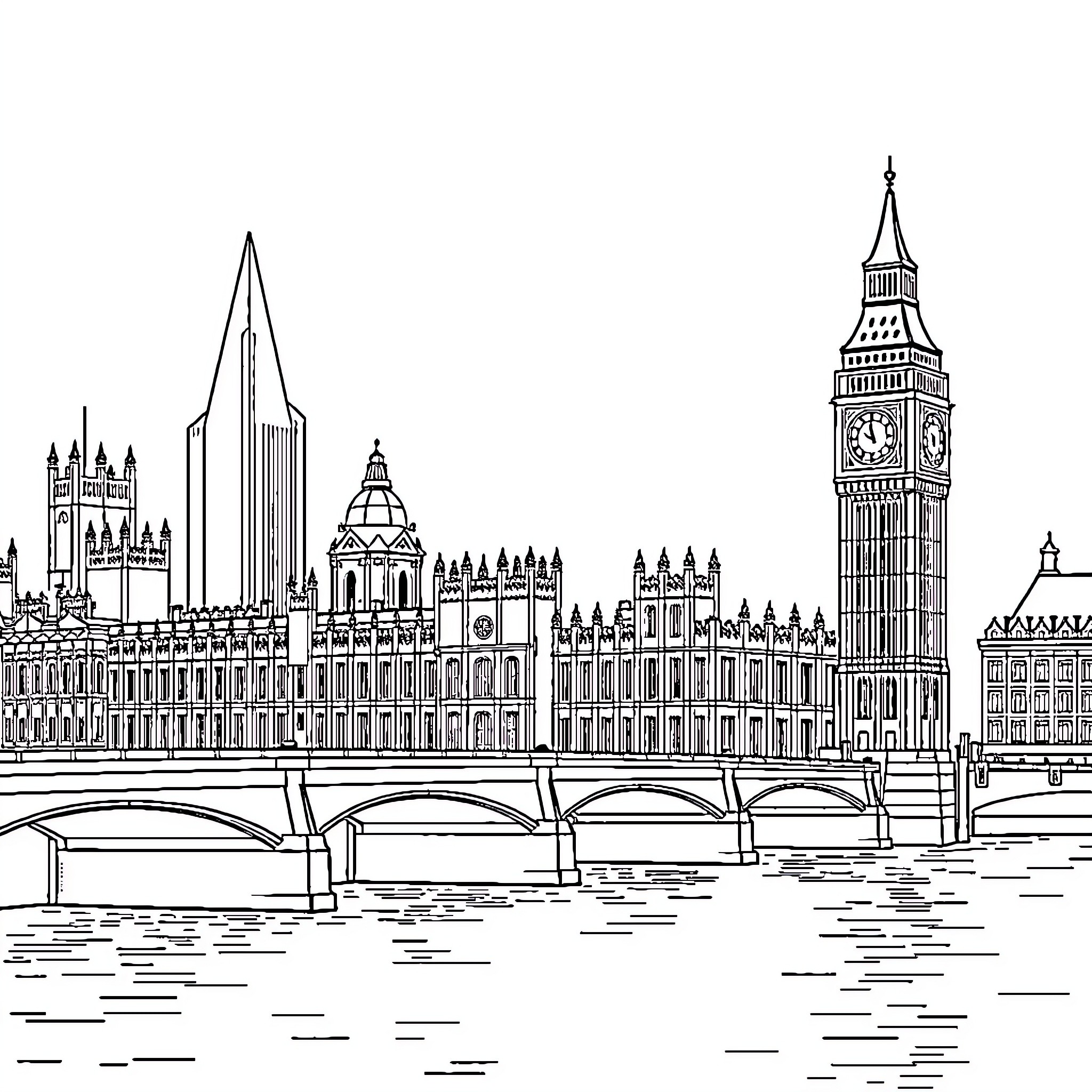 London Skyline of iconic landmarks and buildings Coloring Page (free black-and-white line drawing printable PDF for all, from beginners to advanced learners, including children, teens, adults, and seniors)