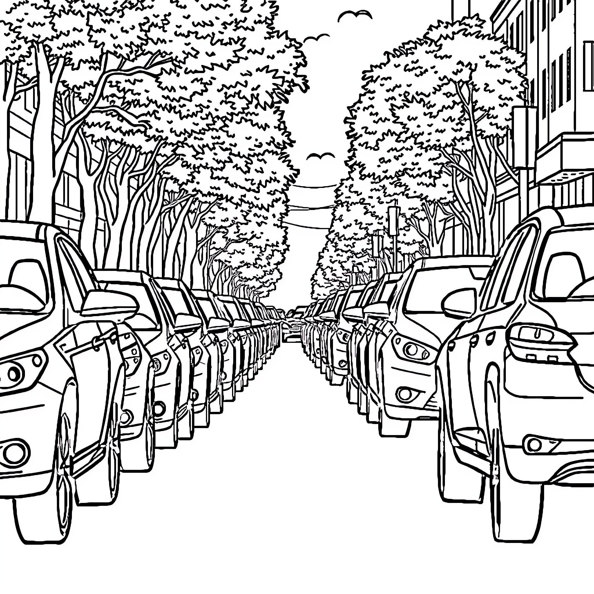 Car-lined street with lush trees in urban setting Coloring Page (free black-and-white line drawing printable PDF for all, from beginners to advanced learners, including children, teens, adults, and seniors)