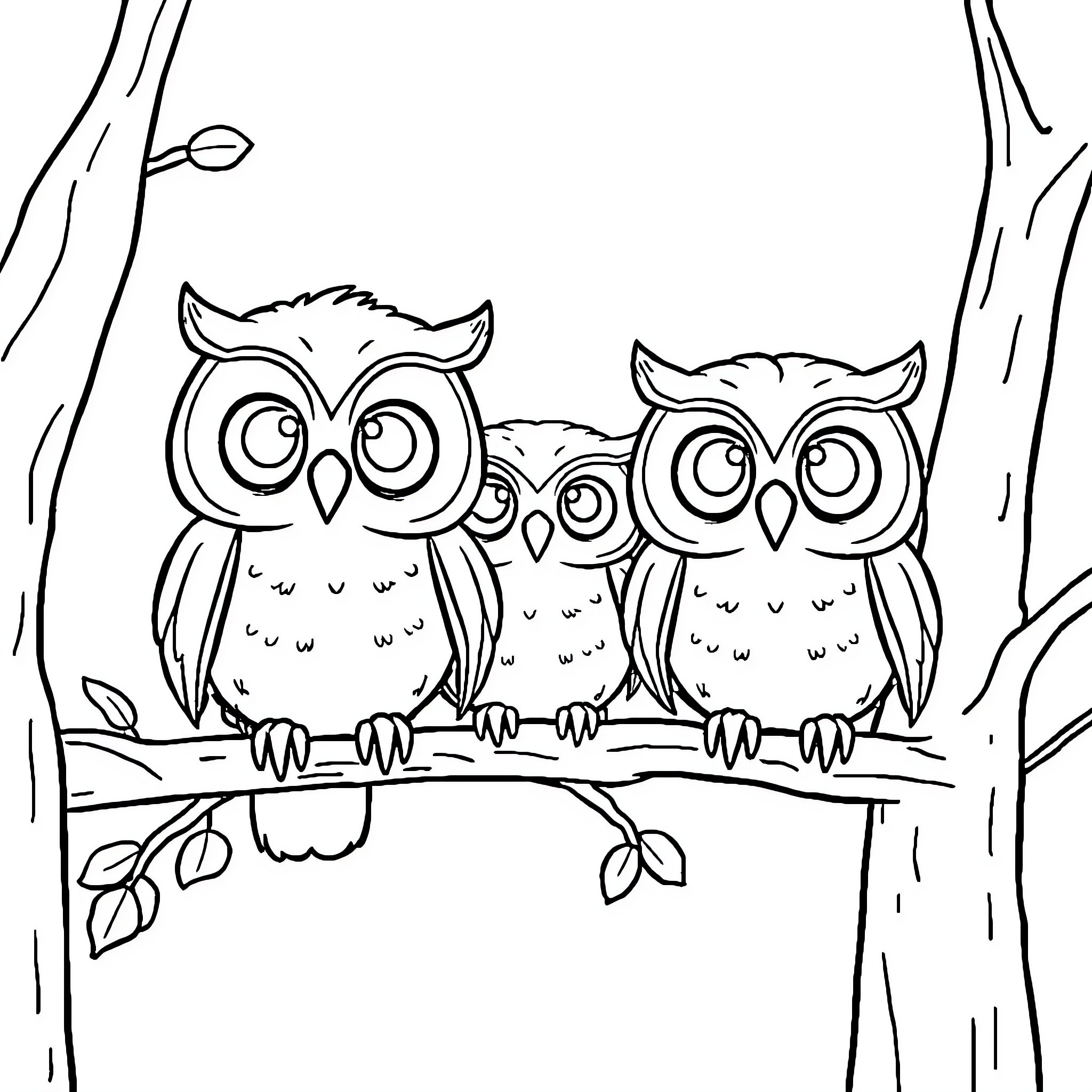 Owl family perched on a tree branch Coloring Page (free black-and-white line drawing printable PDF for all, from beginners to advanced learners, including children, teens, adults, and seniors)