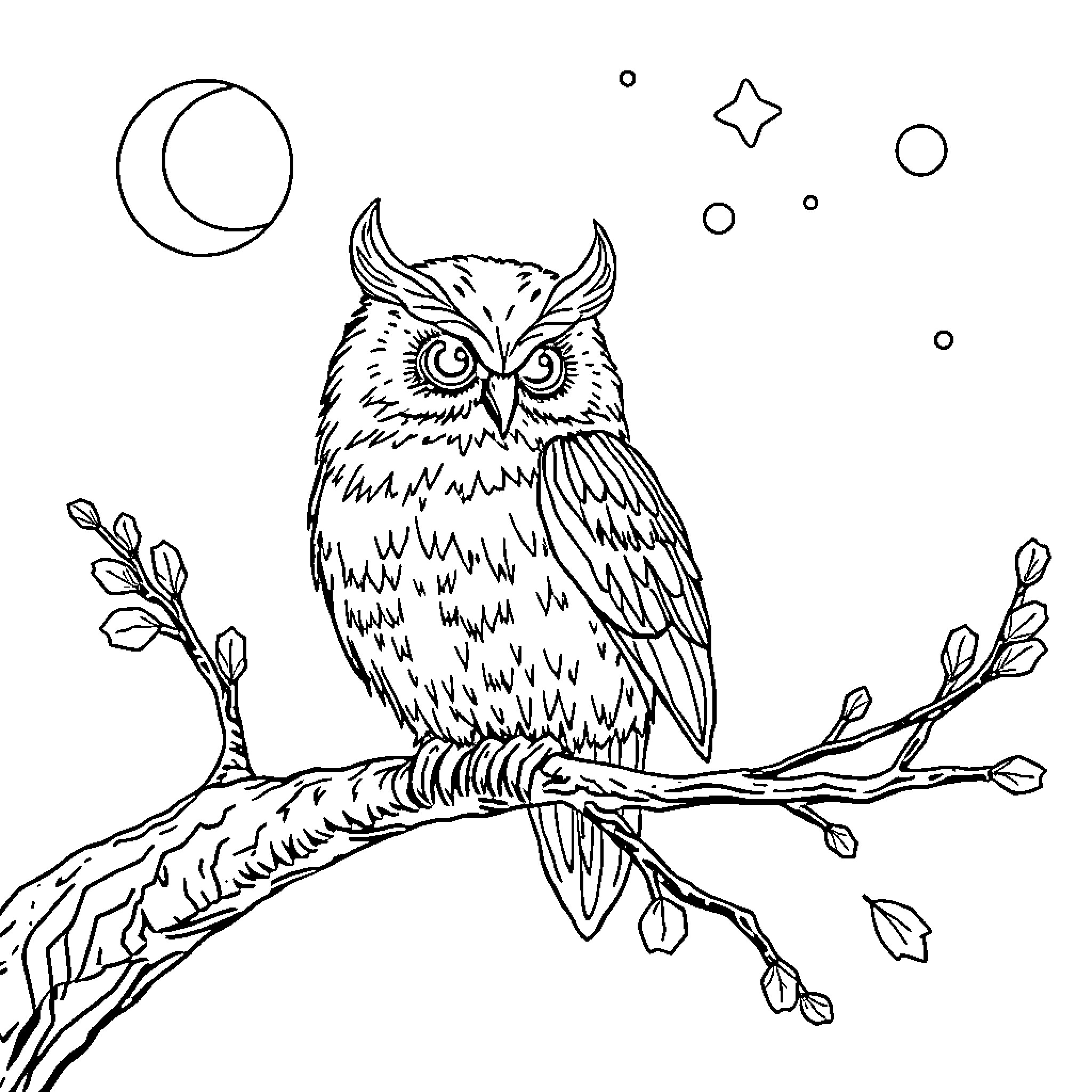 Jednorožec owl perching on branch under crescent moon Coloring Page (free black-and-white line drawing printable PDF for all, from beginners to advanced learners, including children, teens, adults, and seniors)