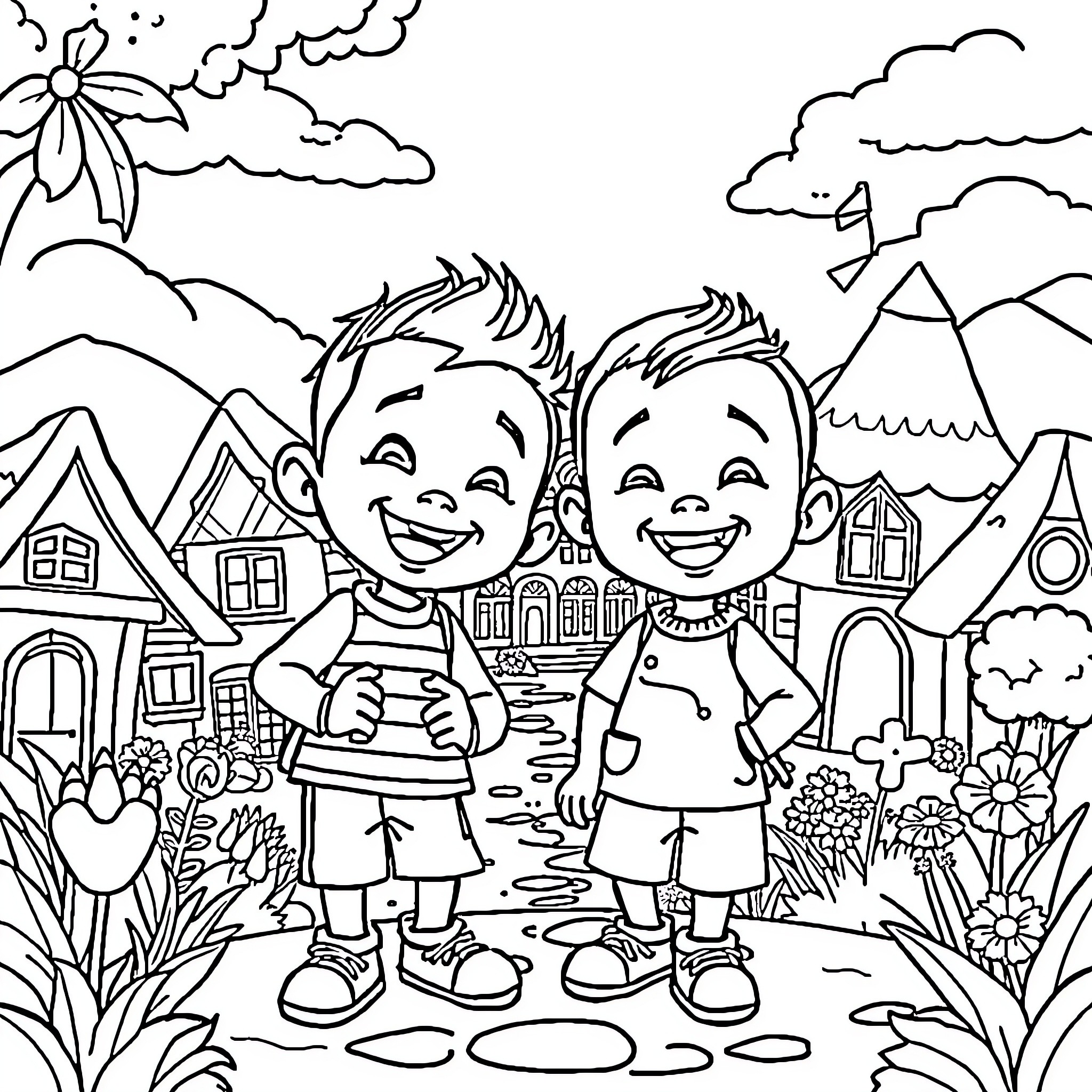 Upin Ipin exploring their charming neighborhood Coloring Page (free black-and-white line drawing printable PDF for all, from beginners to advanced learners, including children, teens, adults, and seniors)