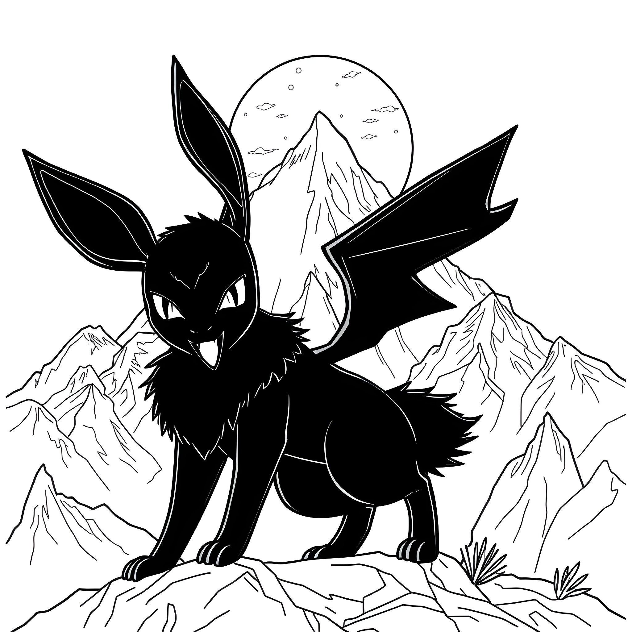 Umbreon exploring the moonlit mountain peaks Coloring Page (free black-and-white line drawing printable PDF for all, from beginners to advanced learners, including children, teens, adults, and seniors)