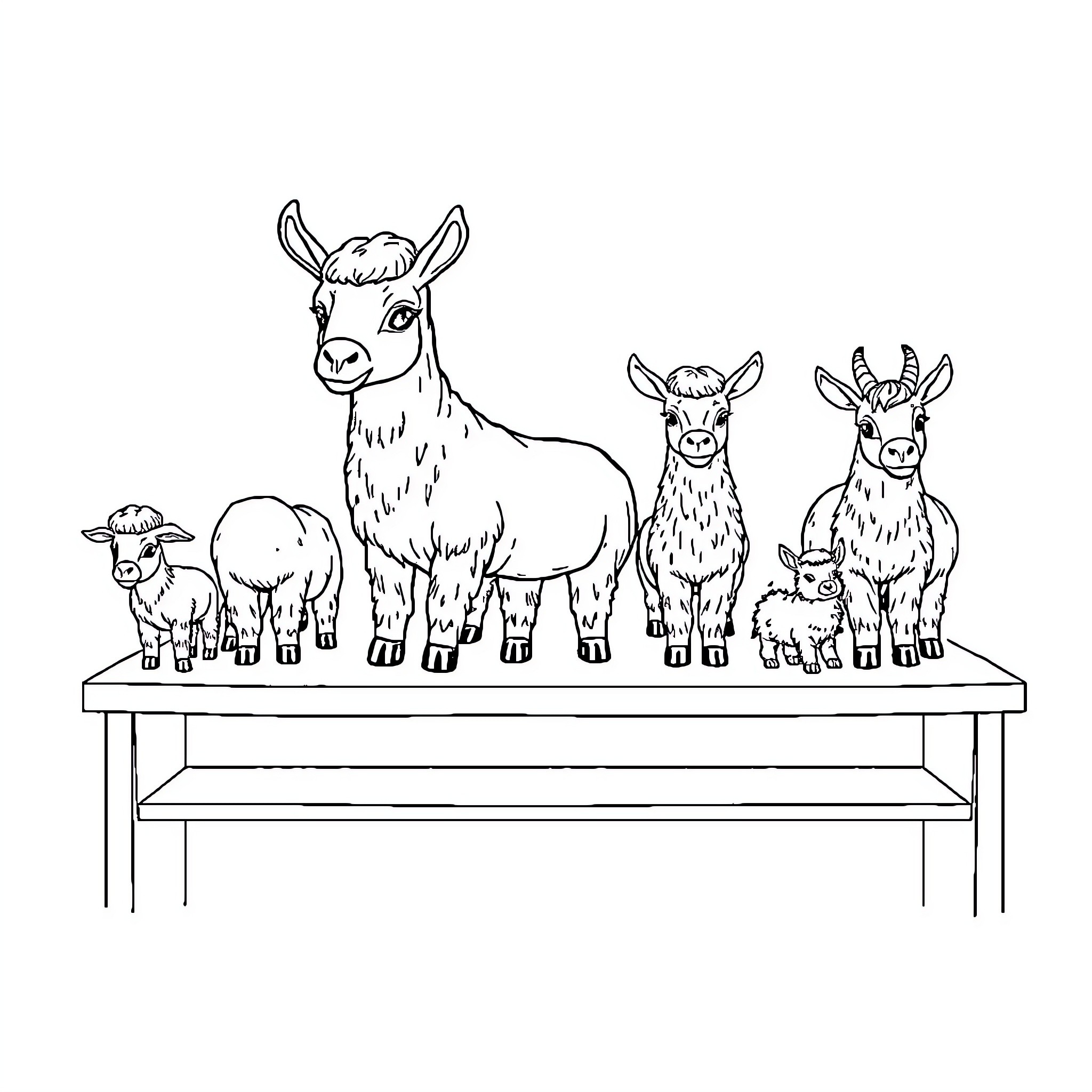 Donkey and goats on a bench Coloring Page (free black-and-white line drawing printable PDF for all, from beginners to advanced learners, including children, teens, adults, and seniors)